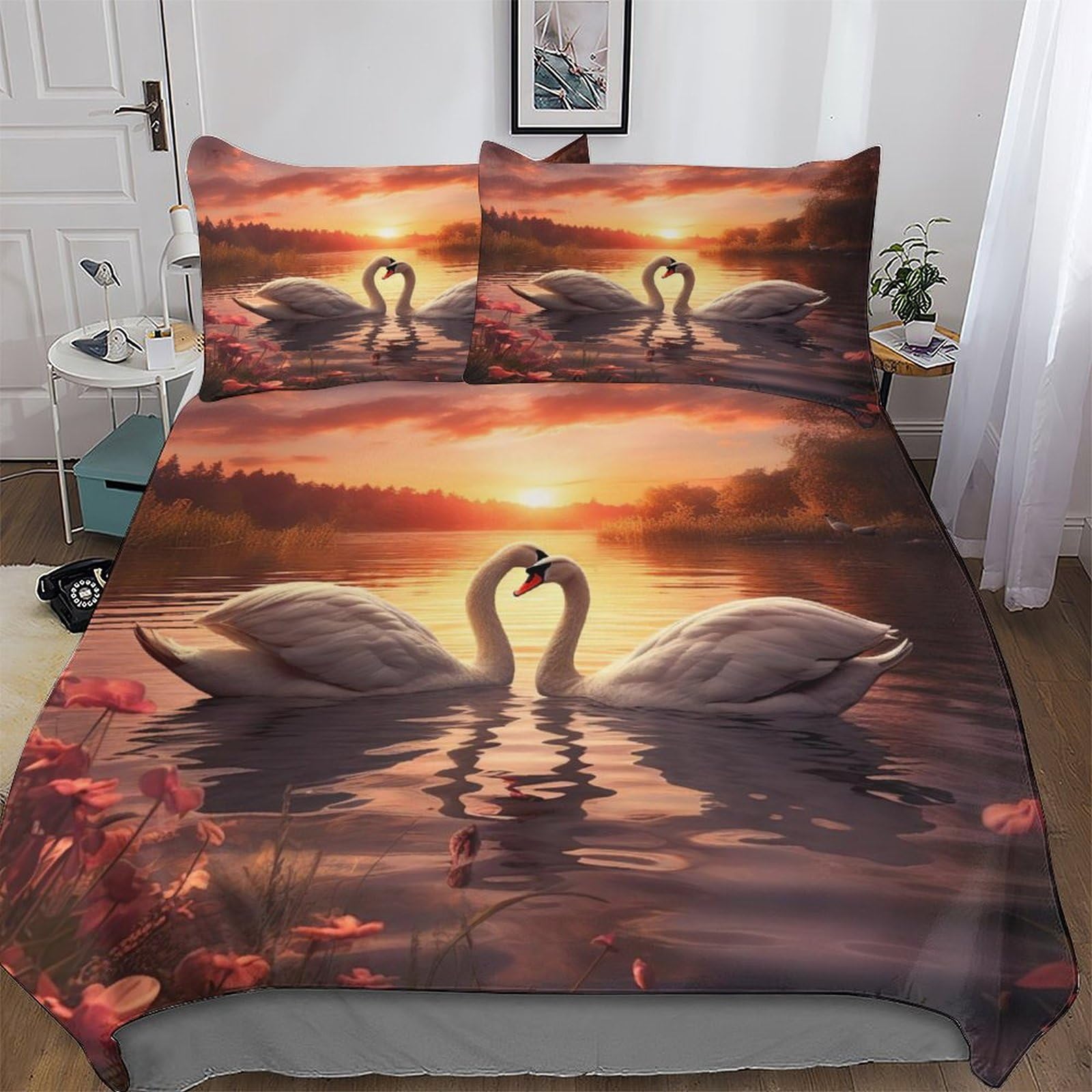 Housse de couette cygne hypoallergénique parure de lit douce zippée 220x240