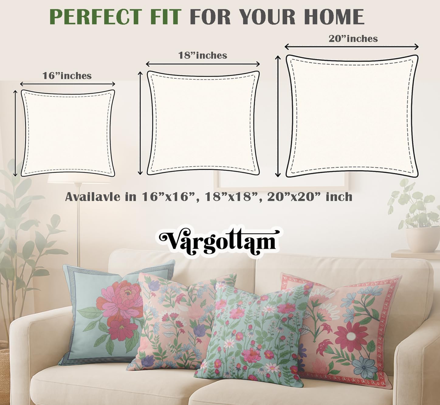 Floral Design, Decorative Cushion Covers Set of 4-16x16 Inch, 100% Cotton, Printed on Both Sides, Hidden Zipper, Peach