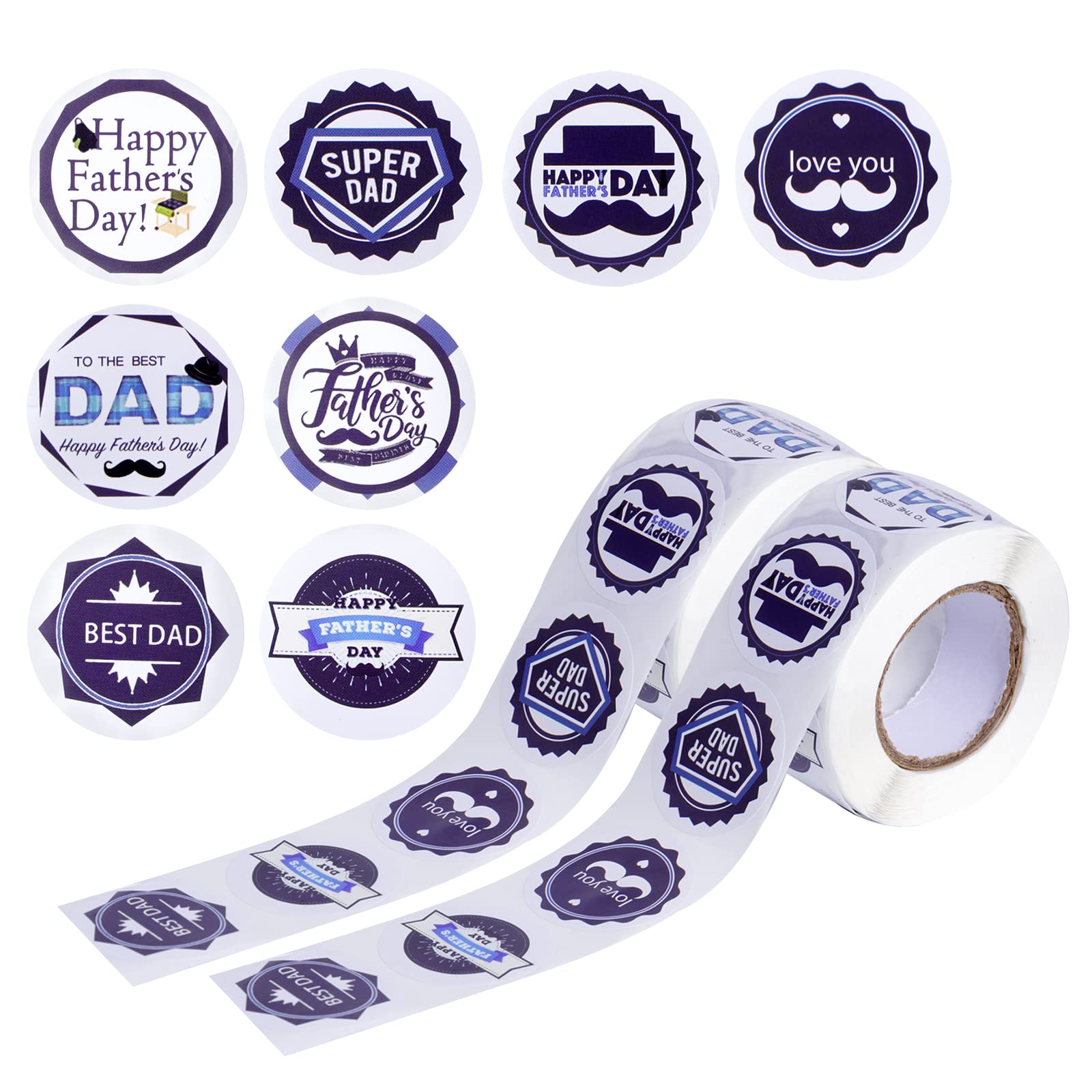 Sucrain 1000 pcs Happy Father's Day Stickers Father's Day Labels Gift Stickers Two Rolls of Present Card Cookie Cake Flower Decoration（1.5 Inch, 8 Design)