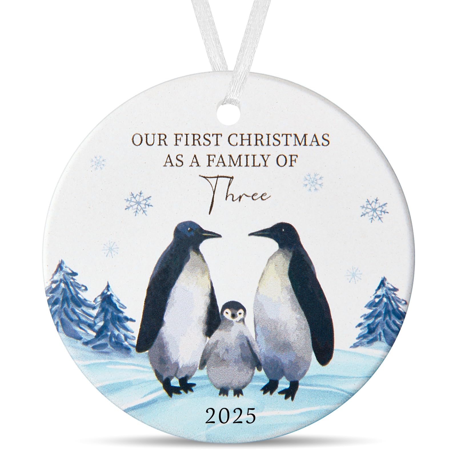 First Christmas As A Three | Penguin Family Ornament | Ceramic Decoration Bauble Keepsake Gift | Personalised New Family Gift | 1st Xmas