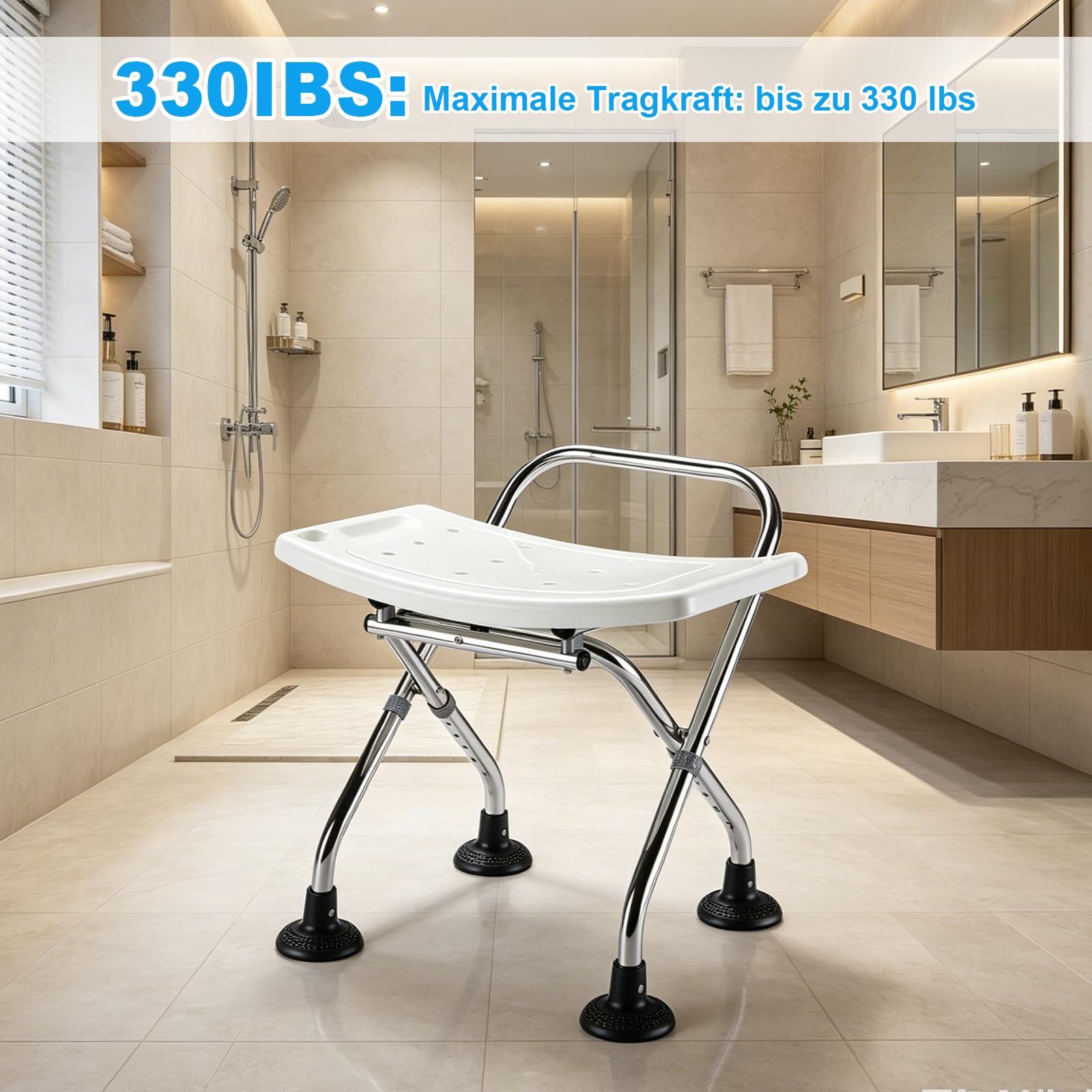 Taburete de ducha plegable de altura ajustable, silla de ducha antideslizante con pies de goma, taburete de baño estable, incluye pelota de ducha y peine de masaje para el cabello, asiento de ducha