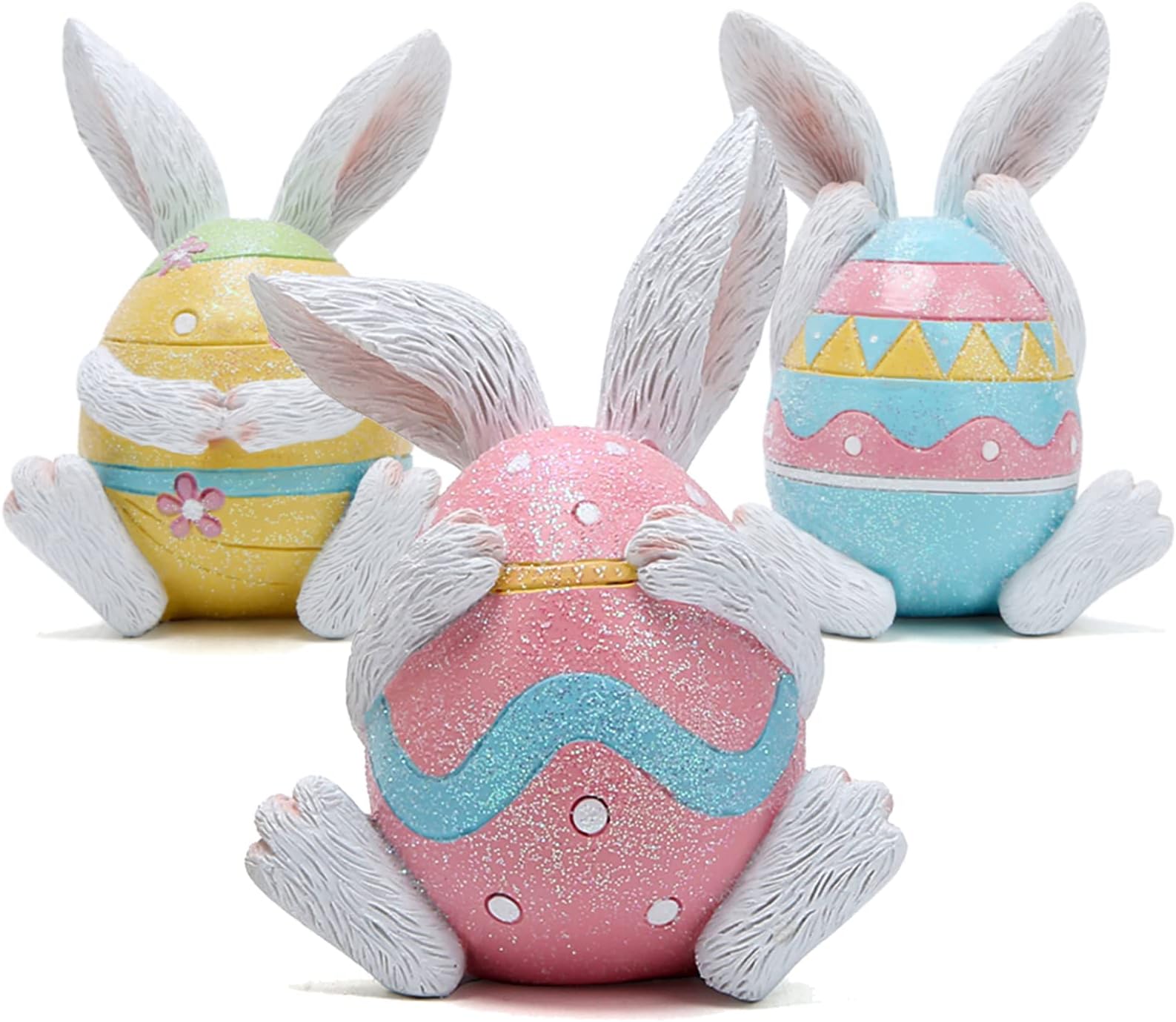 Hodao Set of 3 Easter Day Bunny Decorations Hear-No, See-No, Speak-No Bunny Collectible Figurines Decor Spring Bunny Decorations Gifts Rabbit Figurines Decorations Home Table Spring Bunny Decor