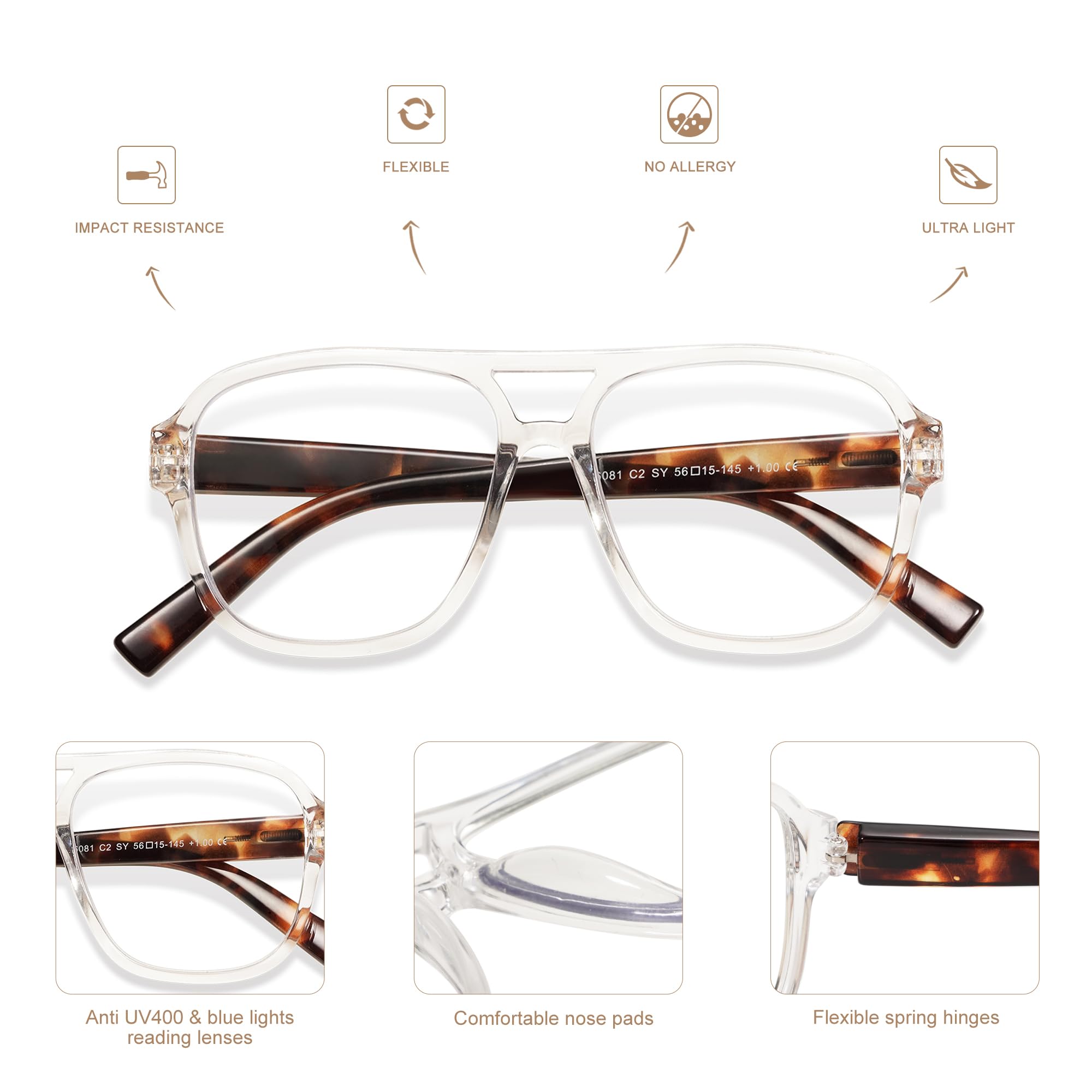 AMOMOMA Pack Oversized Aviator Spring Hinge Reading Glasses For Women Men