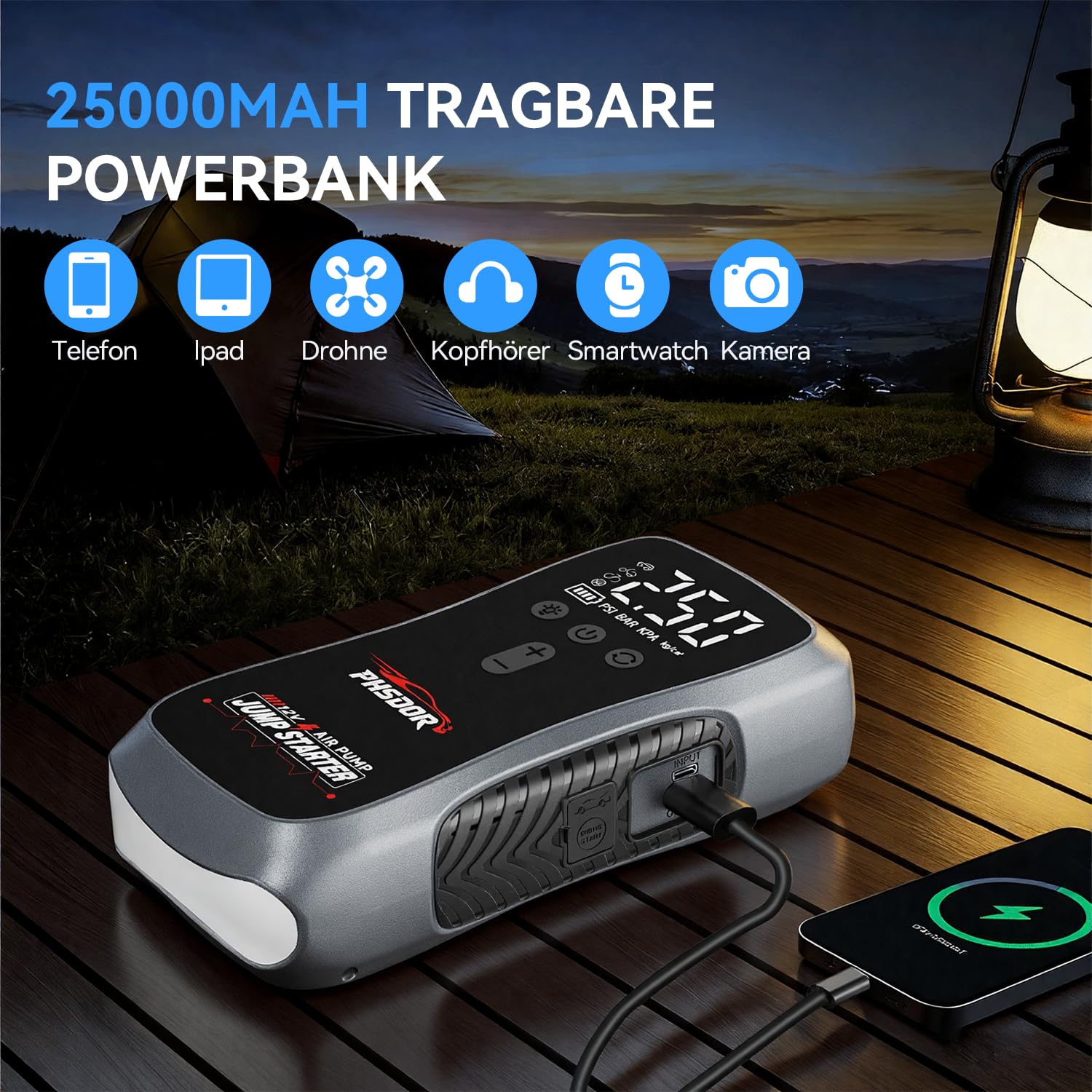 8000A Starthilfe Powerbank für Pkw mit Kompressor 150PSI, 25000mAh Auto Starthilfe Powerbank (Bis Zu All Benzin Oder 10,0L Diesel), Jump Starter Auto mit LED Taschenlampe, Batterie Booster 12V