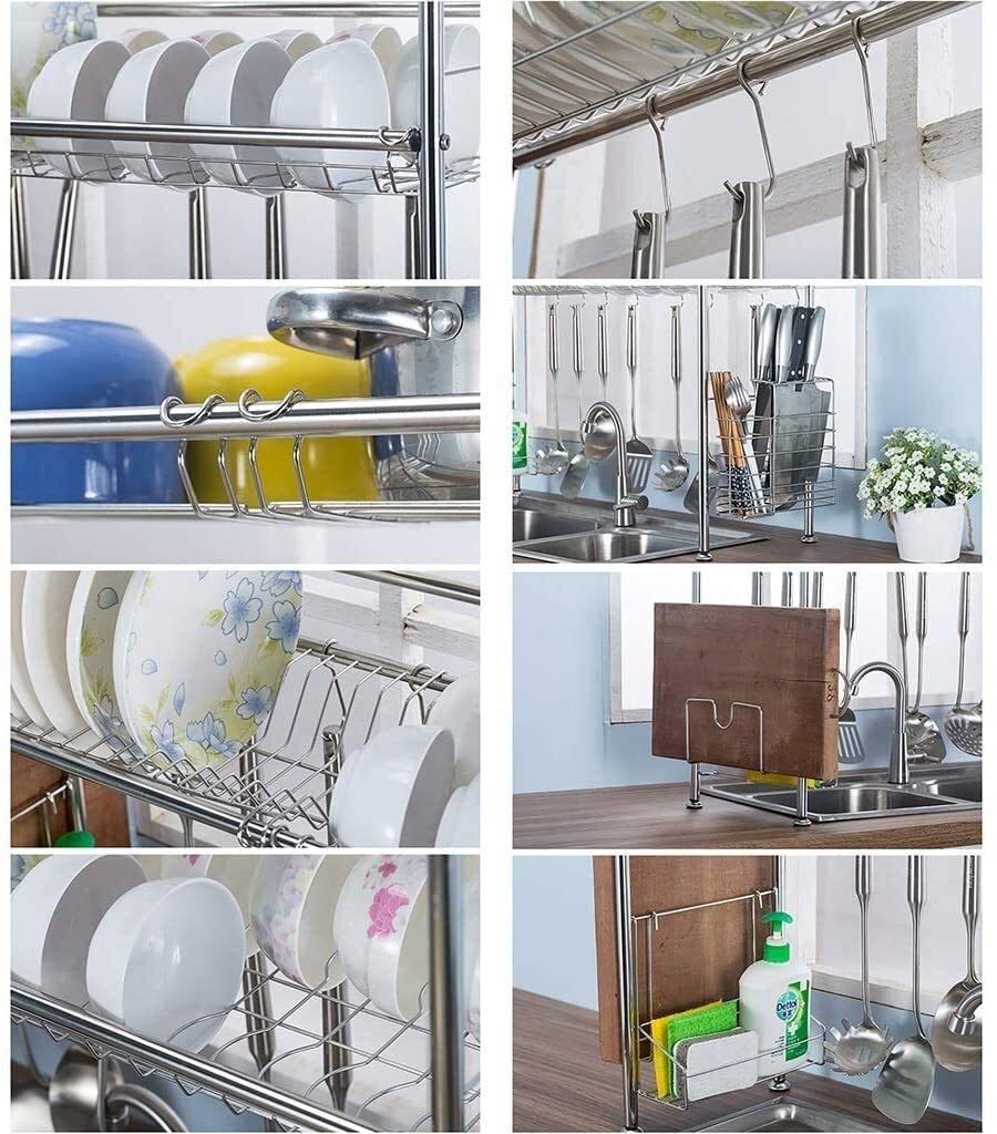 Scaffale espositivo per scolapiatti in Acciaio Inox a 2 Livelli, salvaspazio, con portautensili e Posate (Dimensioni: 94 x 28 x 80 cm) (74 x 28 x 80 cm) ()