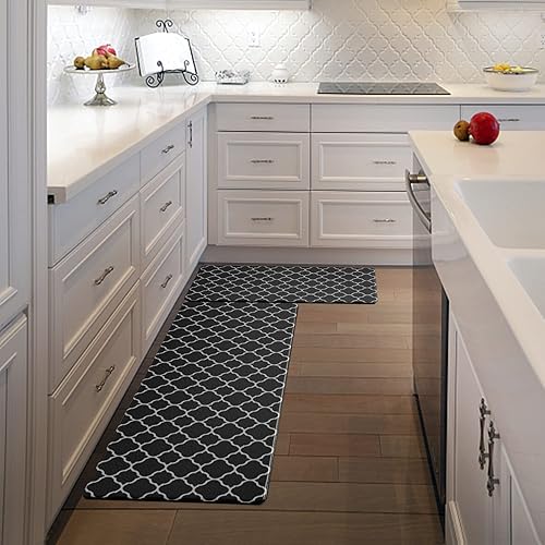Kitchen Rugs 2 Pieces Cushioned Anti-Fatigue Floor Mat, Waterproof Non-Slip Kitchen Mats and Rugs Heavy Duty Comfort Standing Foam Mat for Kitchen, Office, Floor Home, Black