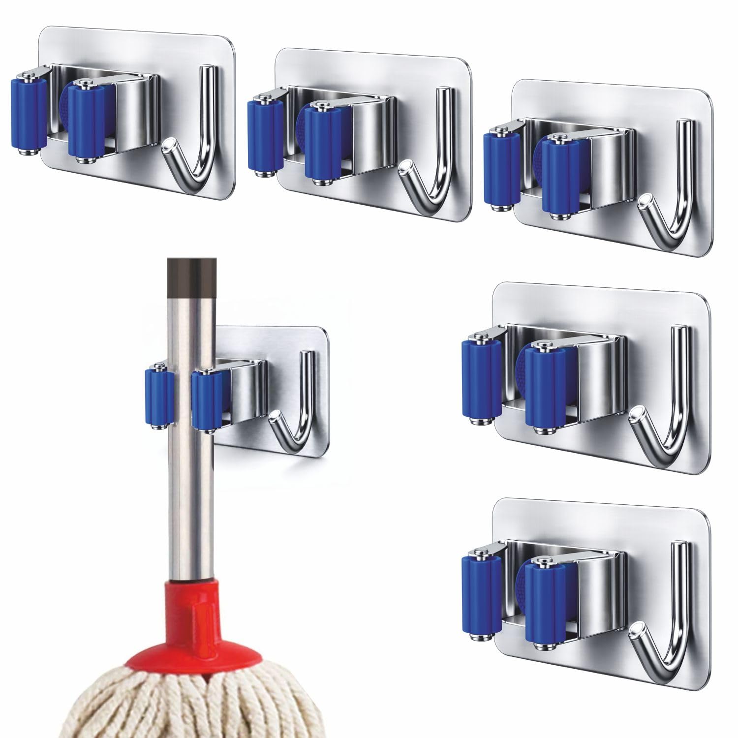 JIALTO 5 Pcs Adhesive Mop Holder and Broom Holder Wall Mounted Stainless Steel | Heavy Duty Mop & Broom Organizer with Hooks | Adhesive Storage Rack for Kitchen & Bathroom (Blue, 5)-image-3
