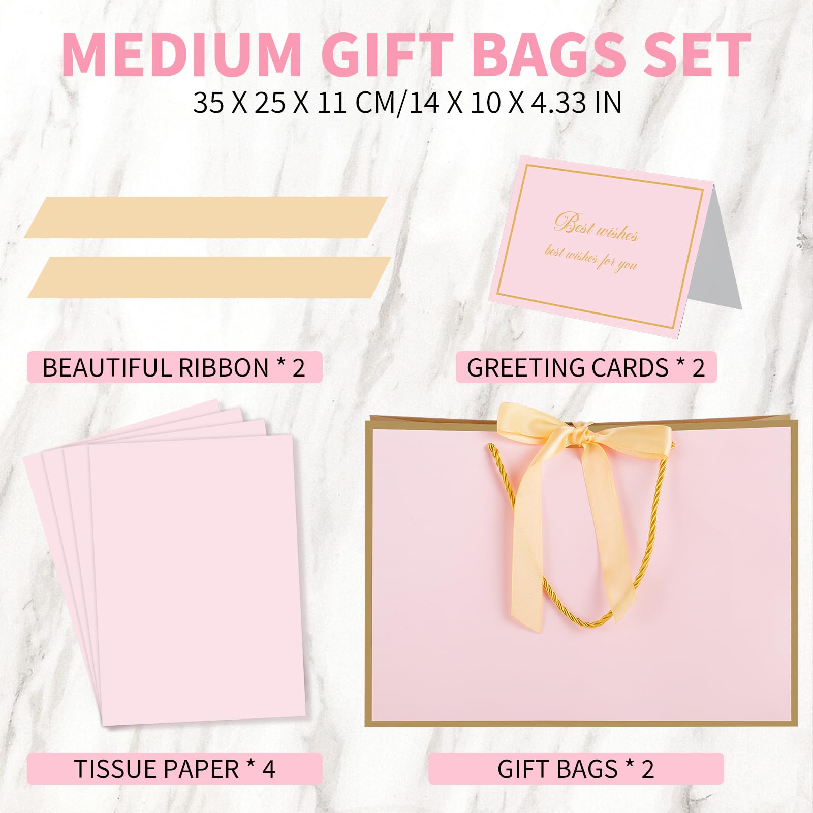 woric Pink Gift Bags with Handles, 14" Medium Gift Bags with Tissue Paper, 2 Pcs Pink Bags with 4 Tissue Paper and 2 Cards for Baby Shower Wedding Bridal Shower Graduation Birthday Party
