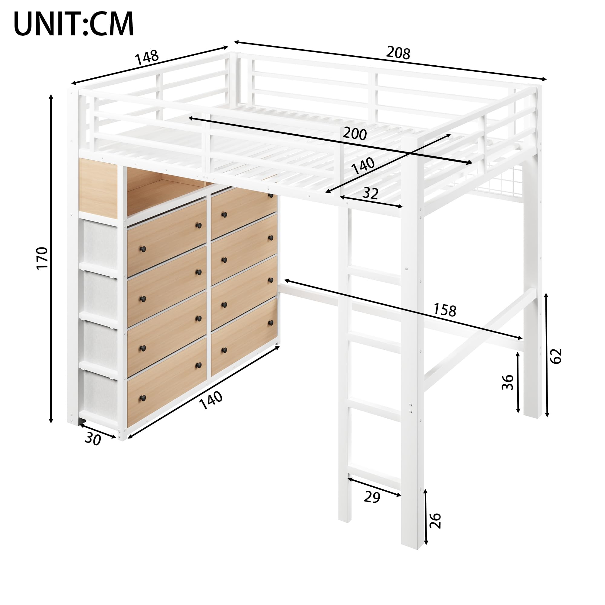 Sapgaks Lit Mezzanine Enfant 140 x 200 cm avec Rangement,lit superposé Enfant avec Rangement,8 tiroirs,éclairage LED,étagères,Panneau perforé,Structure en métal,Blanc