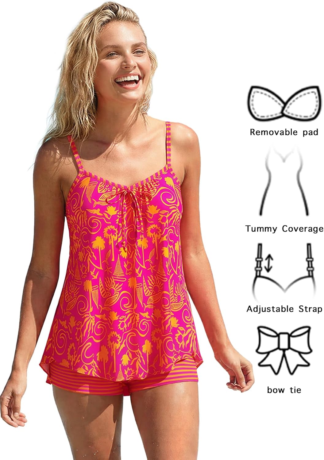 MODLILY Two Piece Flowy Tankini Swimsuits for Women, Graffiti Print Curved Hem Tank Top with Boyshorts - Image 6