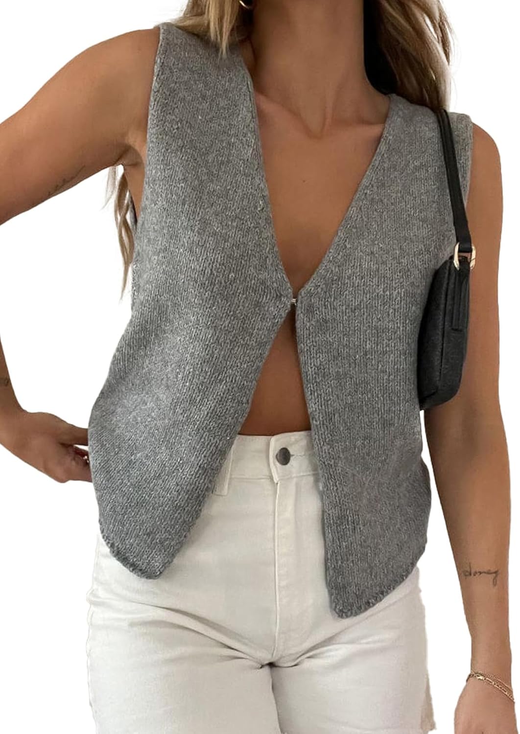 Womens Vintage Knittd Tank Y2k Vest Crop Top Sleeveless V-Neck Open Front Button Crochet Knit Vests Tops Streetwear A-gray Large
