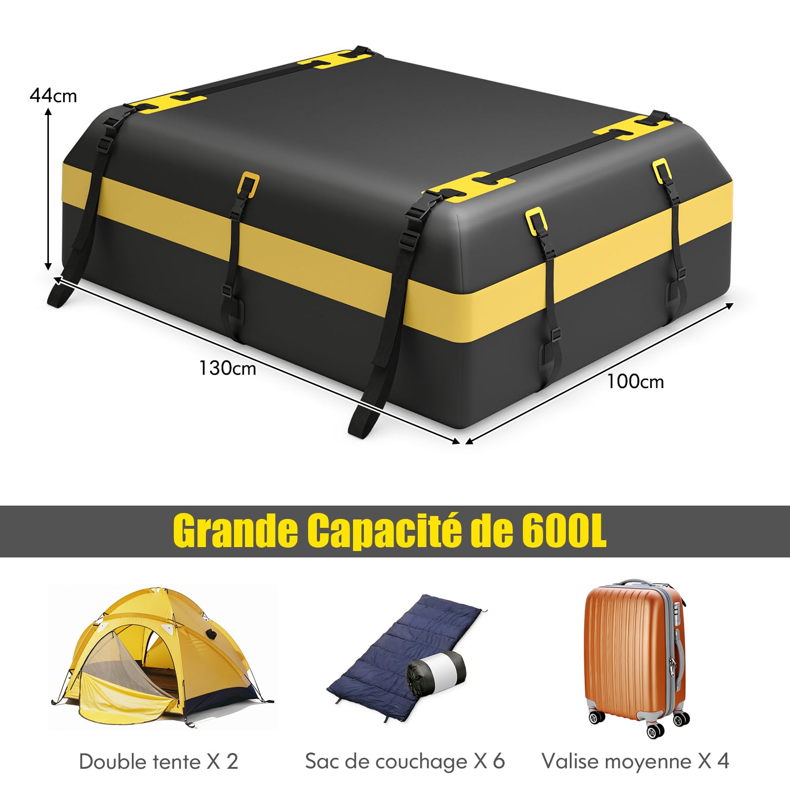 GOPLUS Sac de Toit pour Voiture Imperméable, Bagage de Toit de 595 l avec Tapis Antidérapant & Serrure Chiffrée&10 Sangles&6 Crochets de Porte, Adapté à Tous Véhicules avec/sans Galerie de Toit