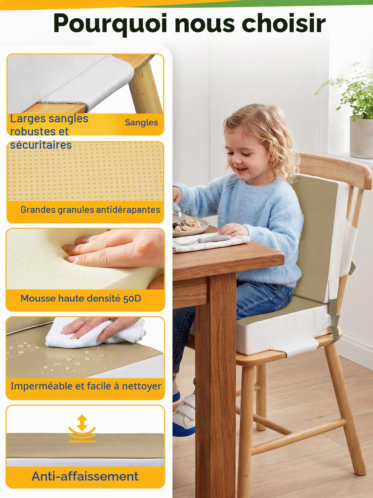 Rehausseur de chaise constitué de deux coussins - Pour enfant et bébé - En polyuréthane lavable - Avec sangles - pour enfants de plus de deux ans - Kaki