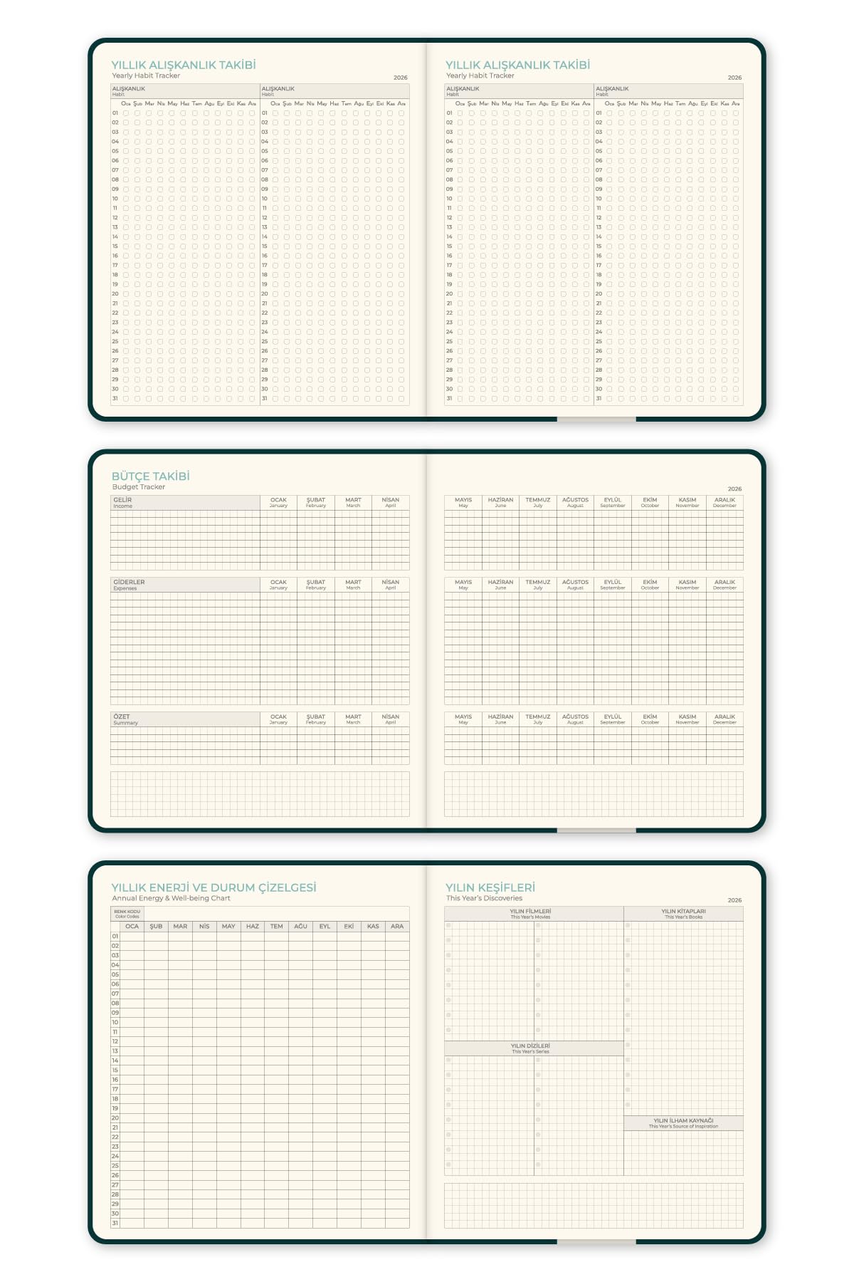 2026 Dikey Haftalık Ajanda 12 Aylık Sert Kapak 18x20 cm - Koyu Yeşil