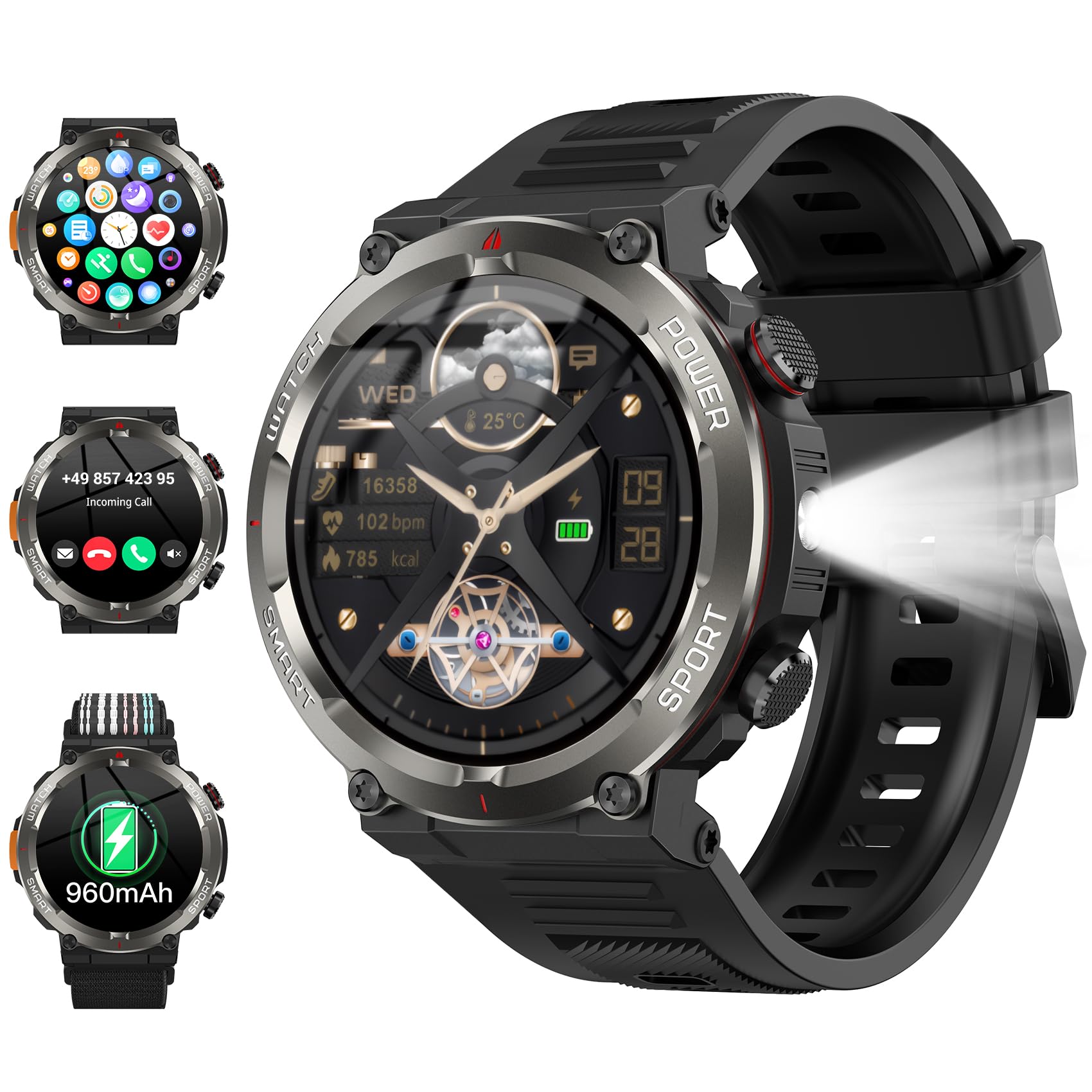 2026 Smartwatch Uomo 1,45", 960mAh Orologio Smartwatch con Chiamate Bluetooth 5.3, 120+ Modalità Sportive/IP68 Impermeabile/Torcia LED/Bussola/Cardiofrequenzimetro/SpO2, Compatibile con iOS/Android