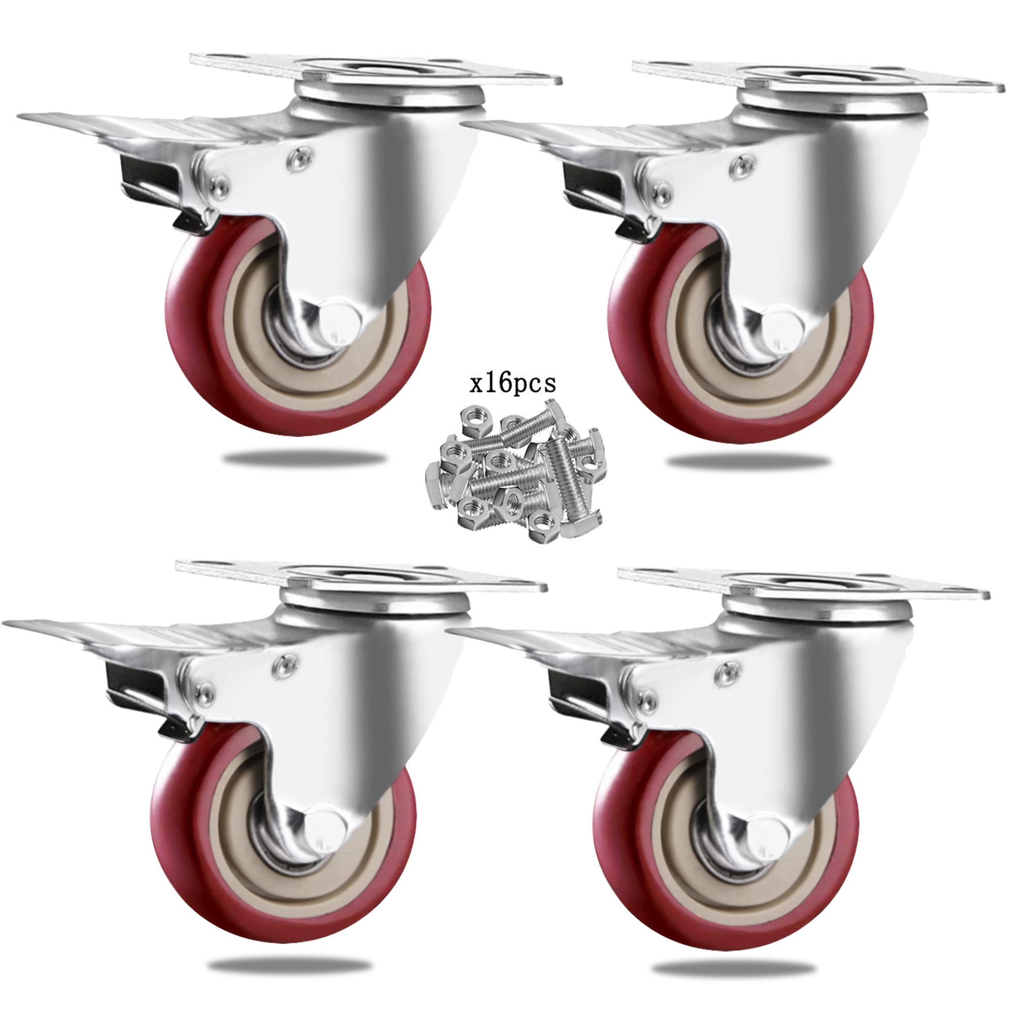 3" Caster Wheels Set of 4 with Safety Dual Locking, Corfich Swivel Plate Castors No Noise and Floor Protection, Heavy Duty 1000Lbs Pack of 4 All with Brake(3inch,Red) (B08JHWYRWJ) Amazon Price History, Amazon Price Tracker