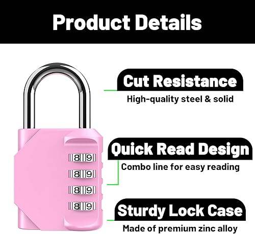 Miniatura 2 de Candado de combinación rosa, 2 unidades, candado de combinación de 4 dígitos reiniciable para casillero de gimnasio escolar, casillero deportivo,