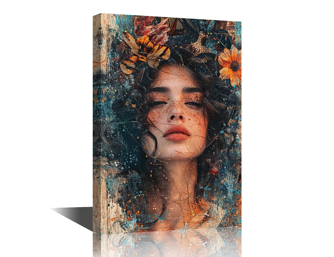 1 Pieces Black Girl Posters Colorful Portrait Vintage Framed Wall Art Woman with Flowers Wall Art for Living Room Canvas Paintings Art Prints Modern Home Decor Framed Ready to Hang (12"Wx18"H)