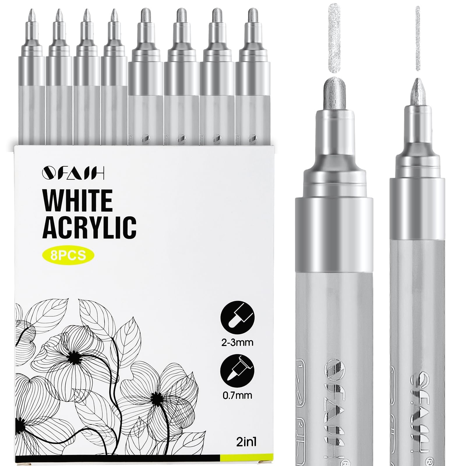 SFAIH Acrylic Silver Paint Pens - Pack of 8 2-3MM Medium Tip and 0.7MM Extra Fine White Paint Marker for Rock Painting, Wood, Metal, Fabric, Canvas, Glass, Ceramic, DIY Crafts