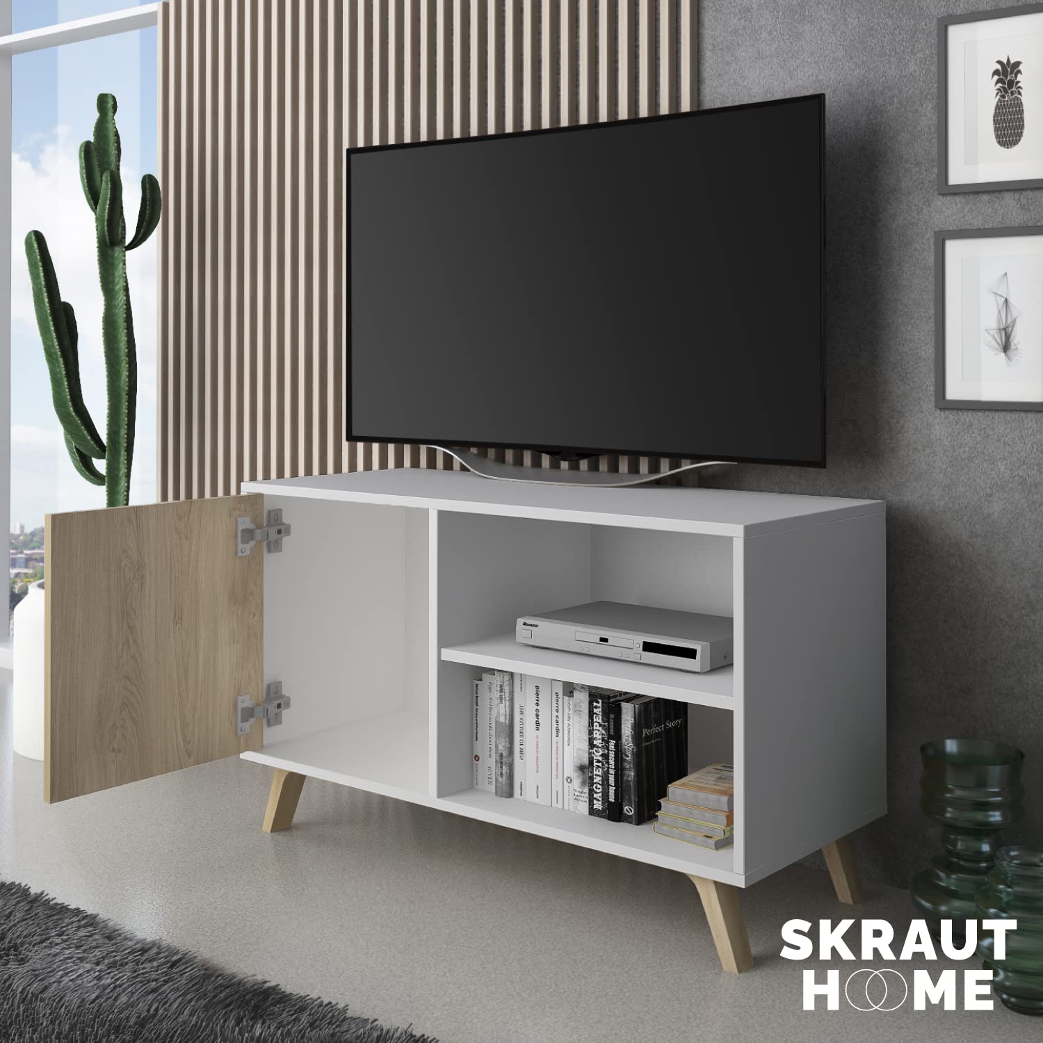 Skraut Home - Mobile TV per Soggiorno - 57 x 95 x 40 cm - Adatto per TV 32/40" - Modello Wind 100 - Bianco Opaco - Anta Battente Colore Puccini