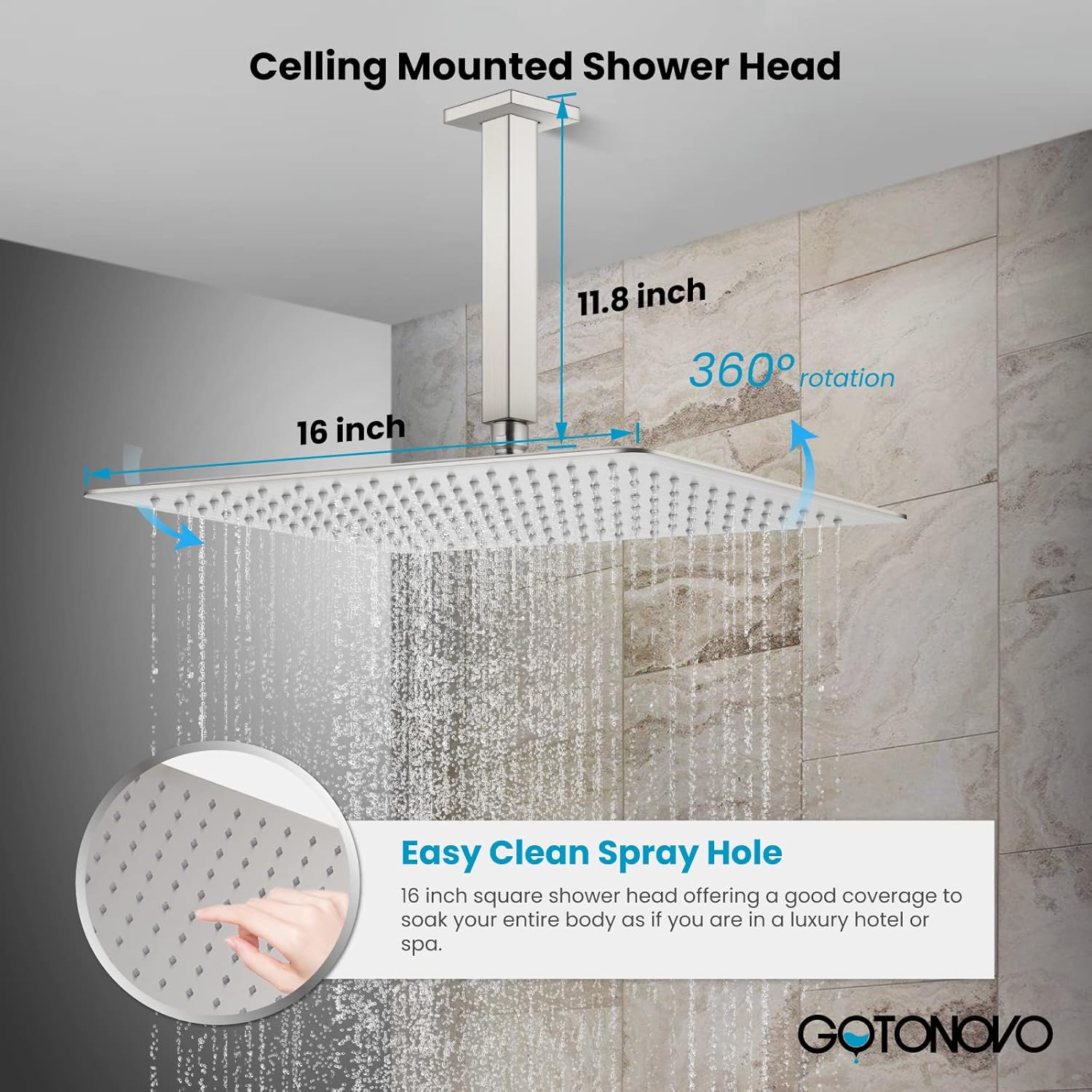 gotonovo Shower System with Tub Spout Ceiling Mount Shower Faucet Set Rain Shower Head and Handheld Combo with Waterfall Bathtub Spout Rough-in Valve Kit Included 16 inch Shower Head Brushed Nickel