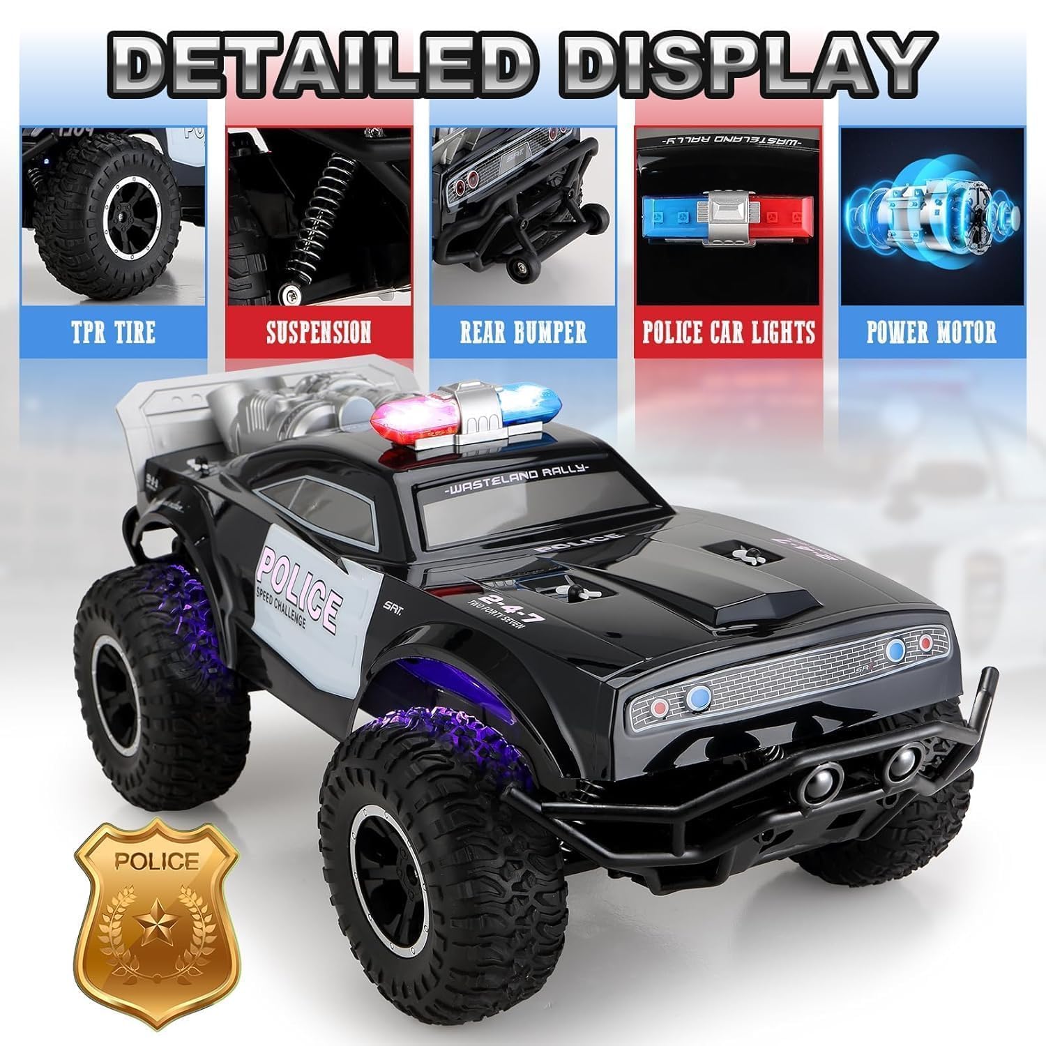 Pihura Remote Control Police Car Toy (18.5X9.5X7.5in) with Lights and Sirens for Boys - 1:8 RC Cop Car with Two Rechargeable Battery - Durable R/C Squad Car for Kids 4