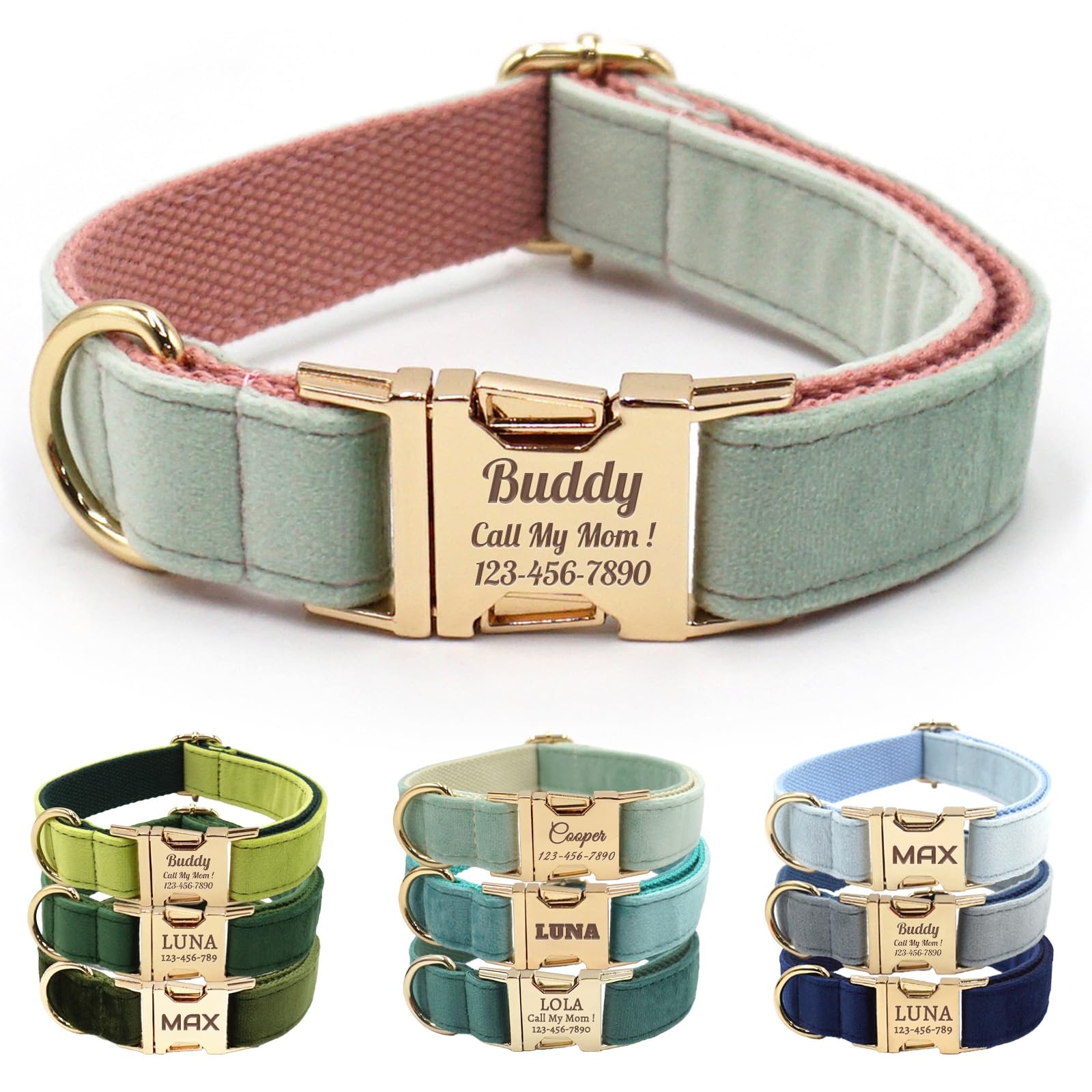 Collier personnalisé pour chien en velours vert menthe avec son nœud papillon élégant