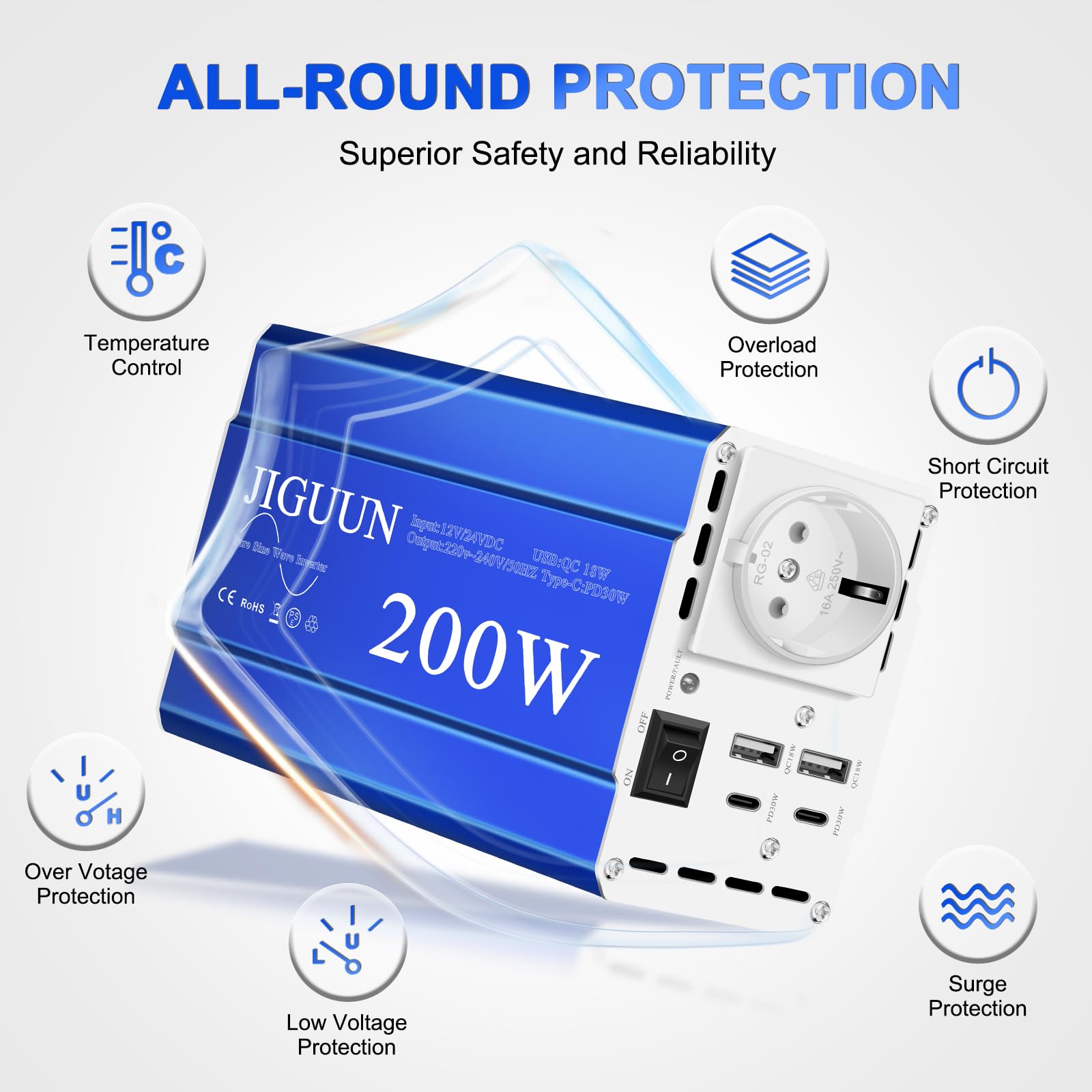 JIGUUN 2000W omvormer 12v naar 230v zuivere sinus Converter inverter met draadloze afstandsbediening LCD-scherm 2 EU & 1 USB-poort Piekvermogen 4000W voor auto, camping, reizen,noodgeval JIGUUN 2000W omvormer 12v naar 230v zuivere sinus Converter inverter met draadloze afstandsbediening LCD-scherm 2 EU & 1 USB-poort Piekvermogen 4000W voor auto, camping, reizen,noodgeval