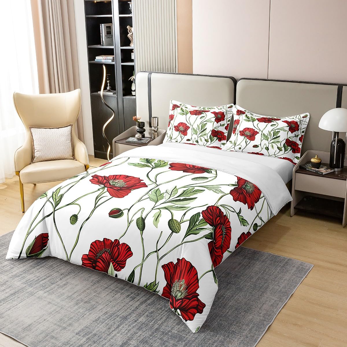 Loussiesd Kinder Mohnblume Baumwolle Bettwäsche Set 135x200cm Frühling Floral Blume Betten Set für Mädchen Jungen Natur Thema Bettbezug Set Home Dekor,1 Bettbezug mit 1 Kissenbezug