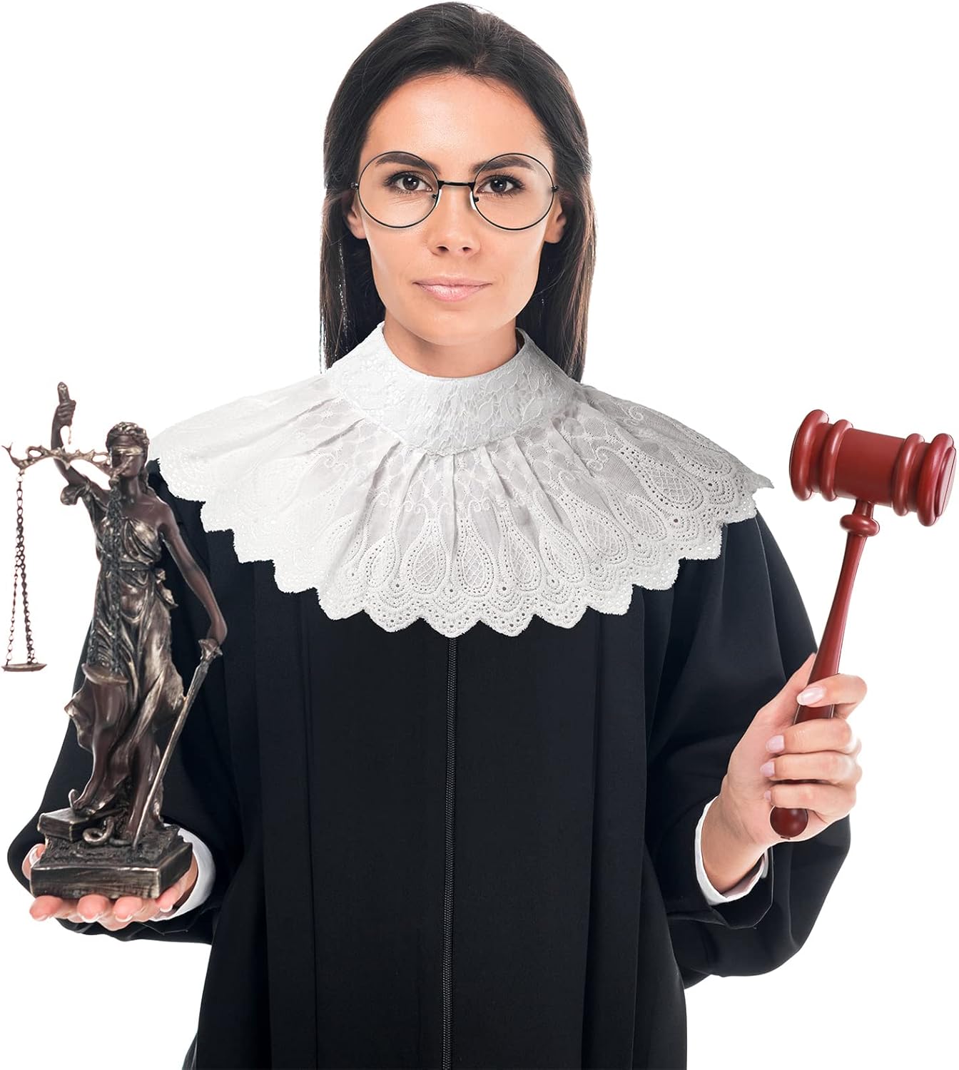 Yahenda 4 Pcs Judge Costume Accessory Robe Lace False Collar Plastic Gavel Round Glasses for Halloween Cosplay Party Favor