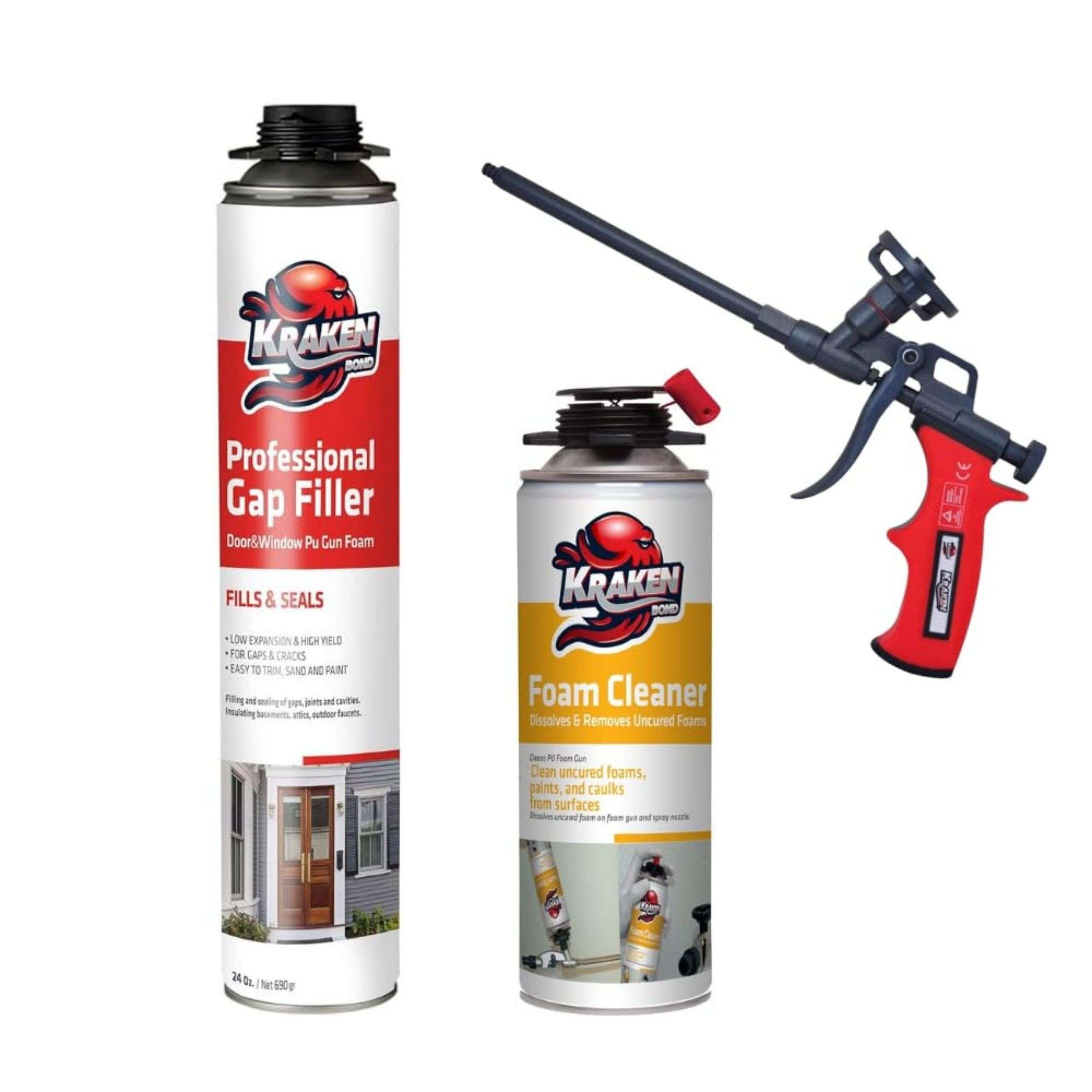 KRAKEN BONDWindow & Door Expanding Foam Sealant - (1x24oz) Professional Gap Filling Gun Use Polyurethane Spray Foam, Low Expansion Waterproof Gap Filler, Gun&Cleaner Included - 1 Pack
