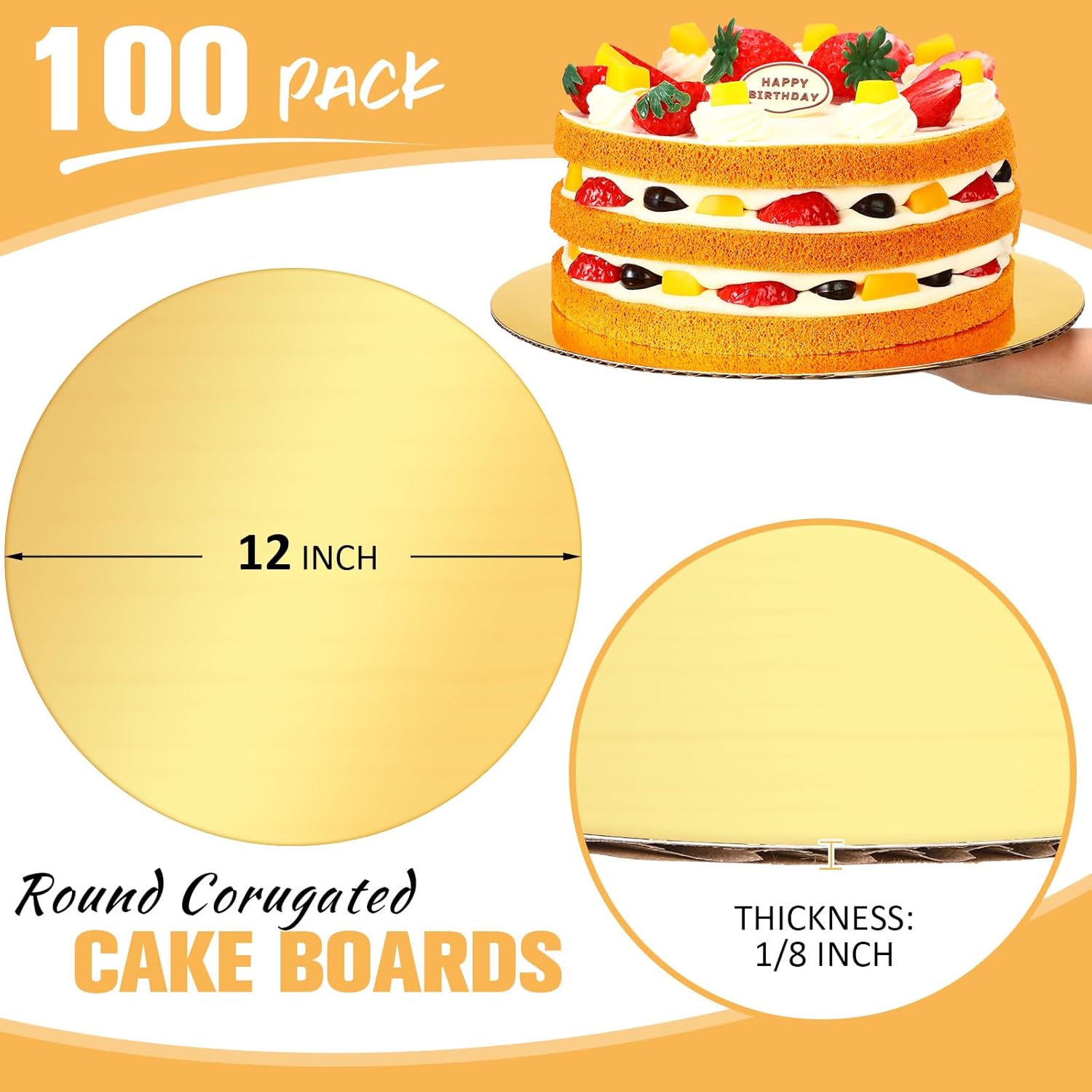 100 Pack Round Cake Boards, Cardboard Cake Circles, Greaseproof & Sturdy Disposable Boards for Baking, Pizza, Desserts & Party Supplies(Gold,12 Inches)