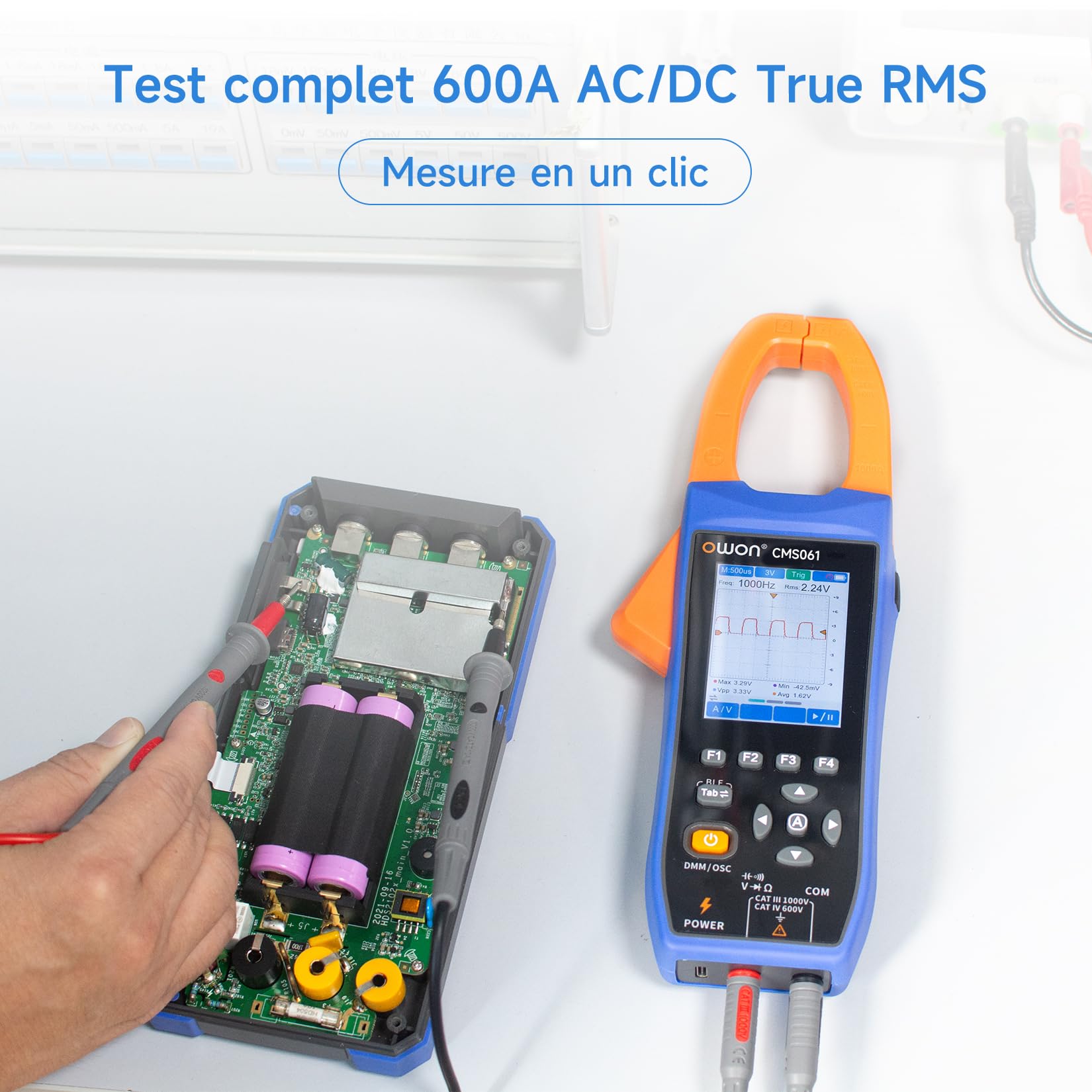 OWON CMS061 Pince électrique AC/DC 600A, fonction écrivain, oscilloscope 3-en-1, 20000 Count True RMS Auto-Ranging, Alarme, NCV, Pince d'alimentation Bluetooth