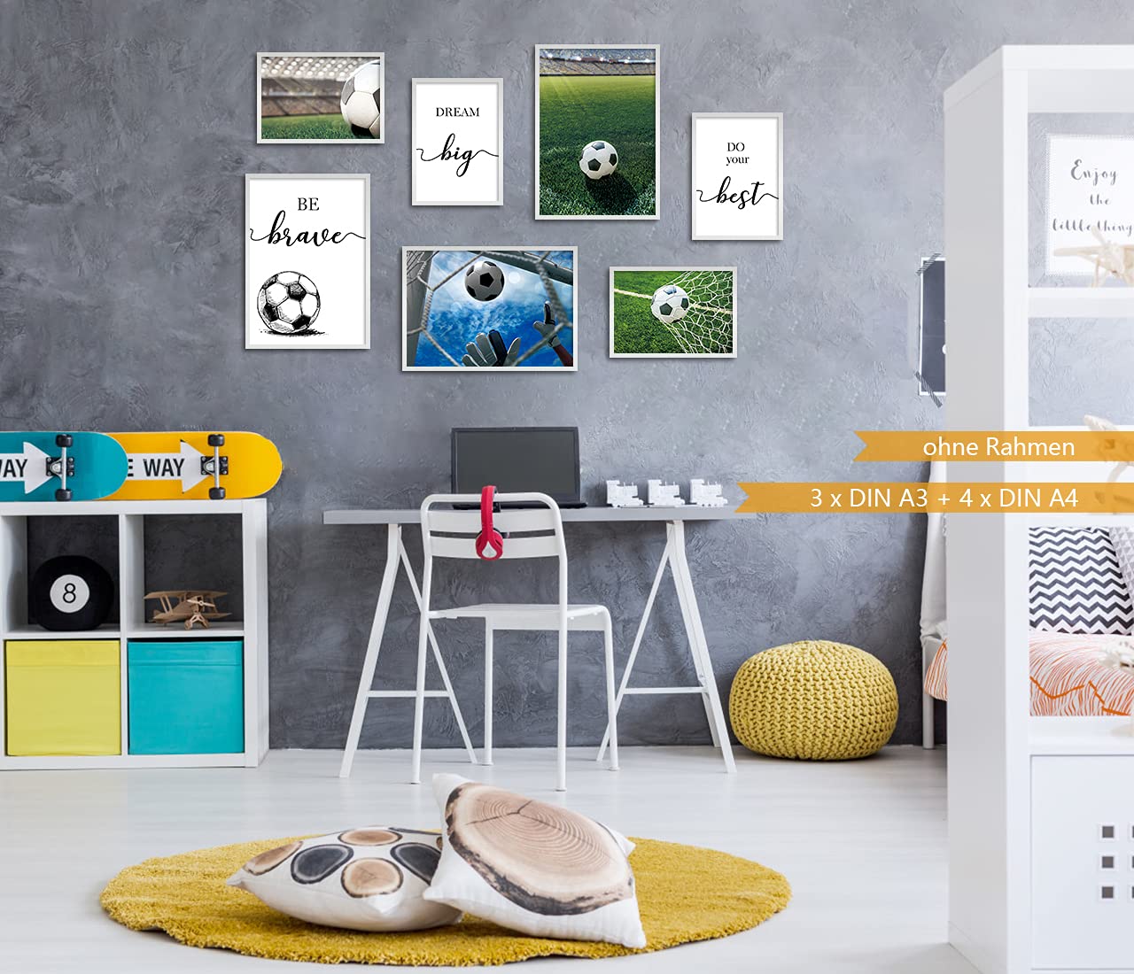 Set di 3 stampe di calcio per la cameretta dei ragazzi, decorazione murale con citazioni sportive motivazionali per la camera da letto degli