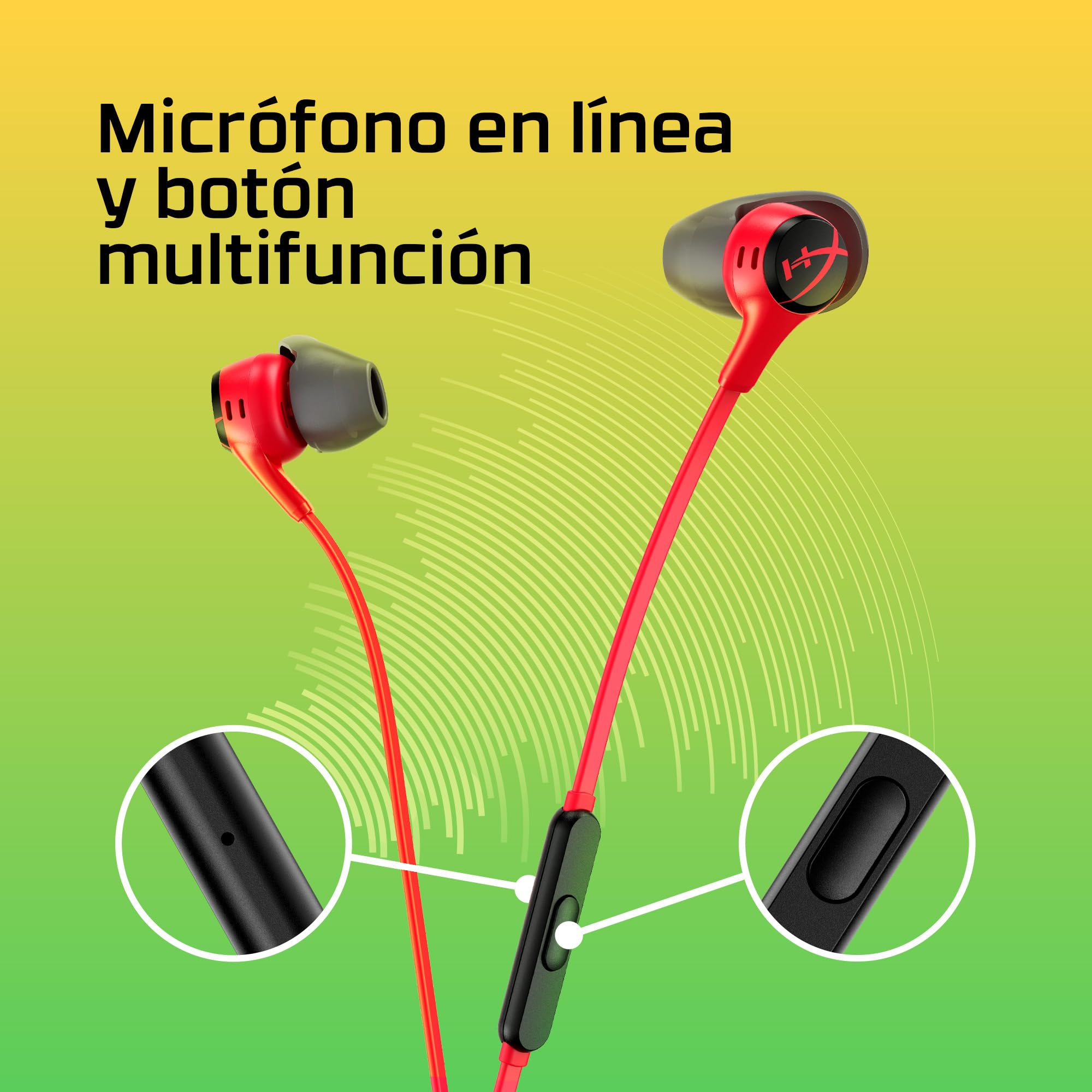 HyperX Cloud Earbuds II - Auriculares para Juegos con micrófono, Color Rojo | 4 Tamaños de Almohadillas de Silicona, Botón Multifunción, Compatibles con Nintendo Switch y PC, Rojo