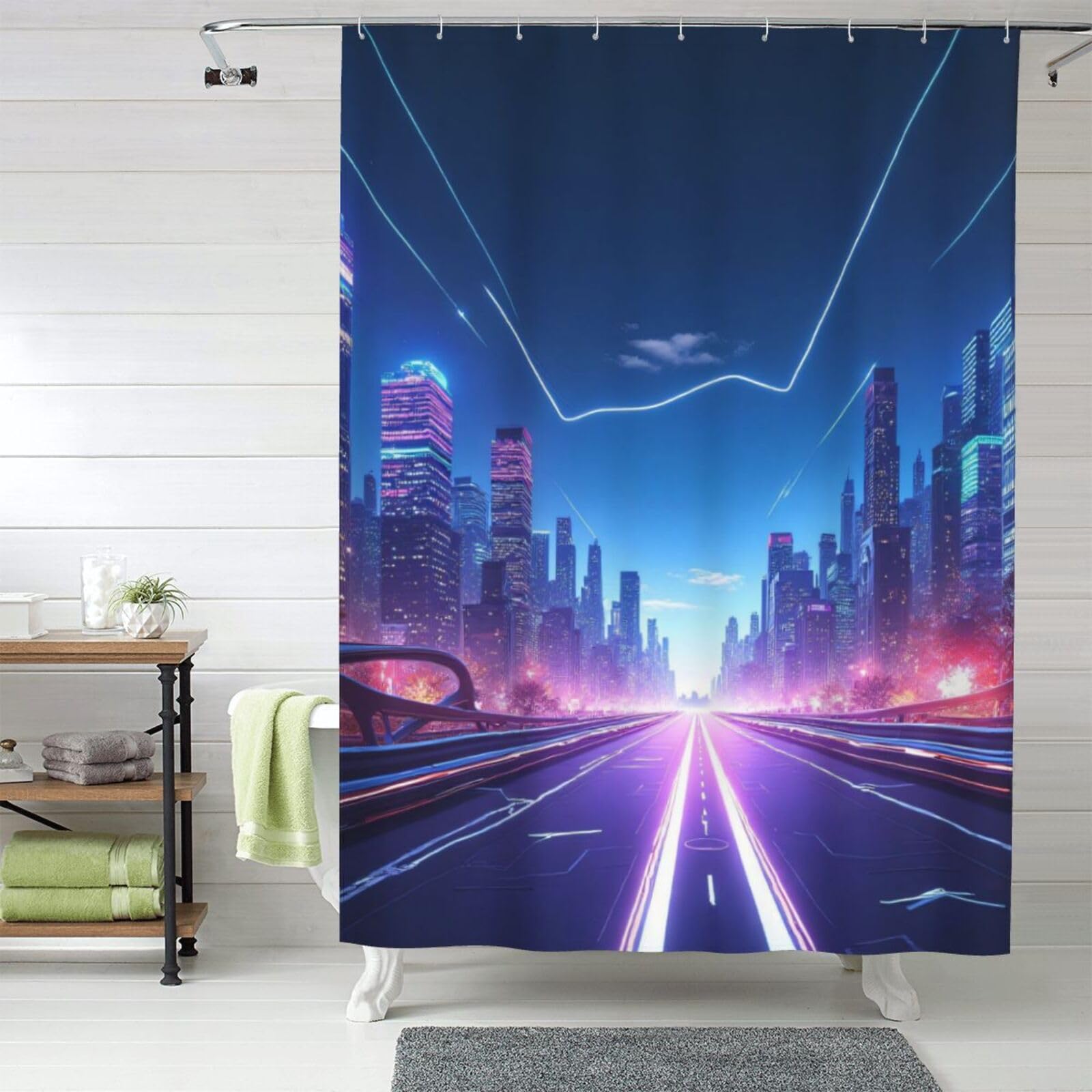 Rideau de douche Cyberpunk n° 48 imprimé paysage urbain lavable 152x183 cm