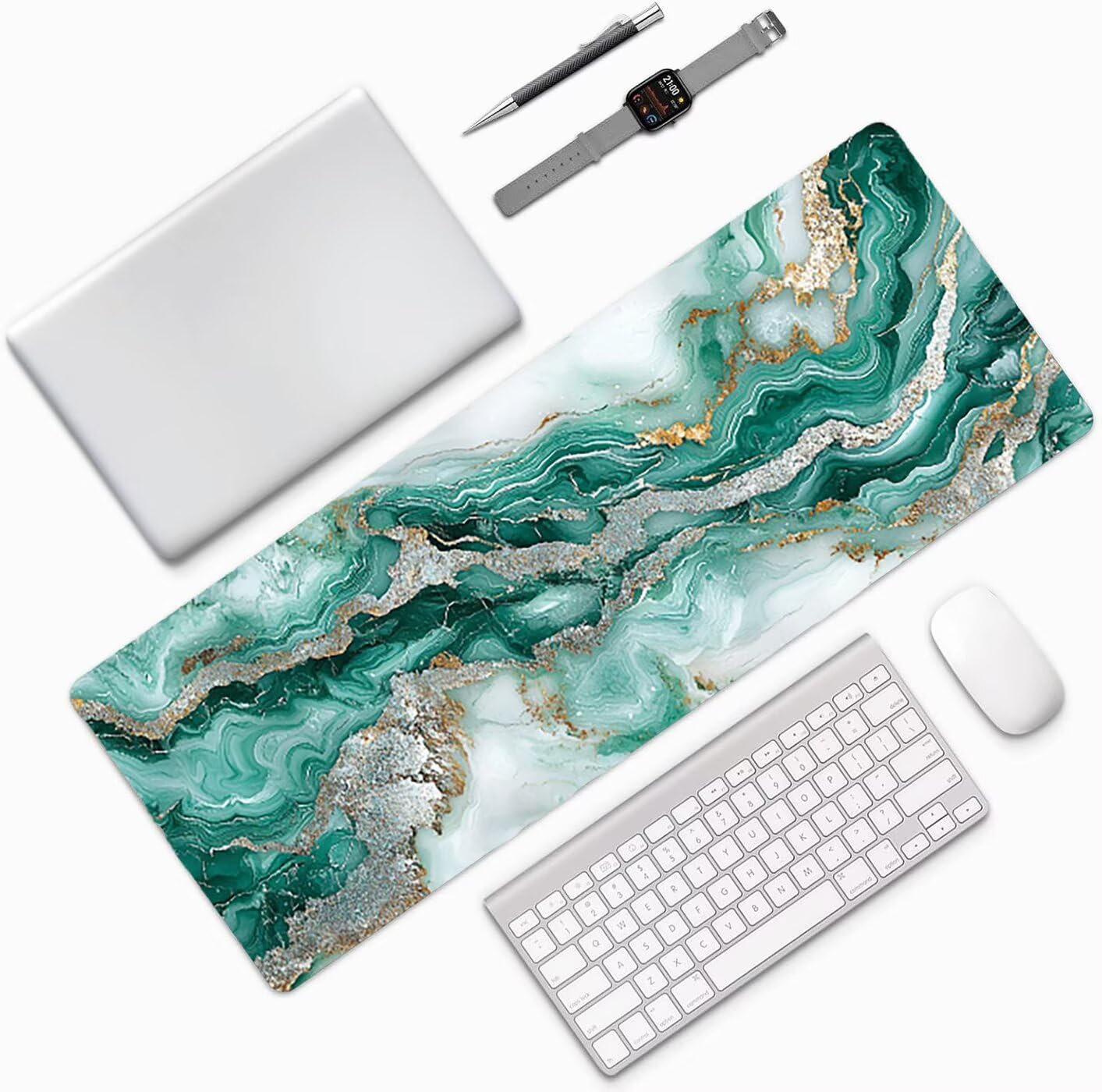 Lpfieonn Marmormuster Großes Schreibtischunterlage, XXL Schreibtischunterlagen, Blau XXL Wasserdicht Gaming Mousepad mit Vernähter Rand und Rutschfeste Gummibasis, für Hause/Büro 120x60cm PF-1681