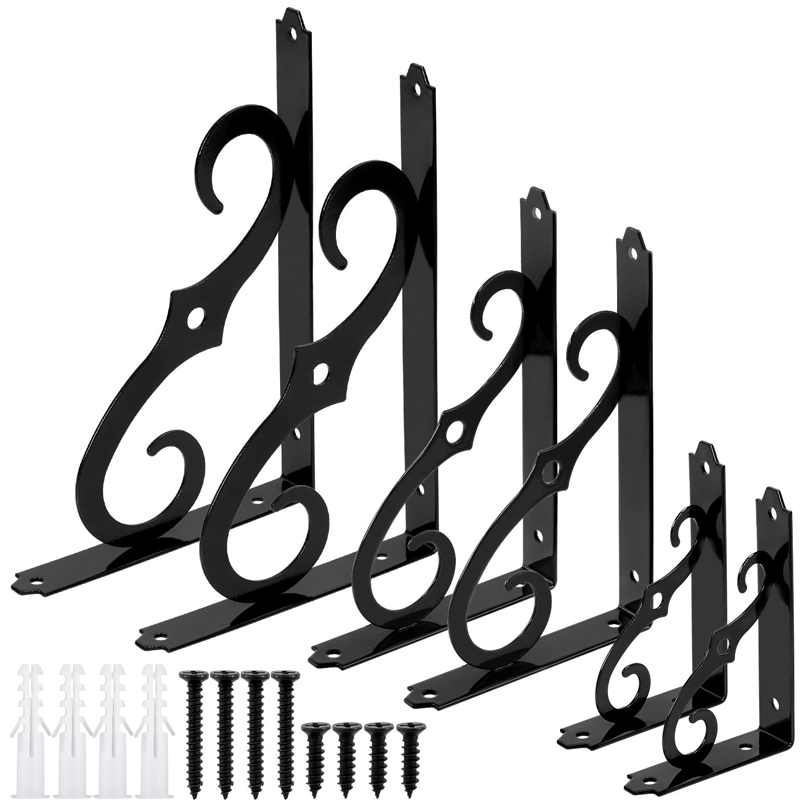 Tanstic 2 Pack 10 Inch Decorative Shelf Brackets, Heavy Duty Metal Wall Mounted Floating Shelf Bracket, L Shape Corner Brace Shelf Support Angle Brackets with Screws for DIY Open Shelving (Black)