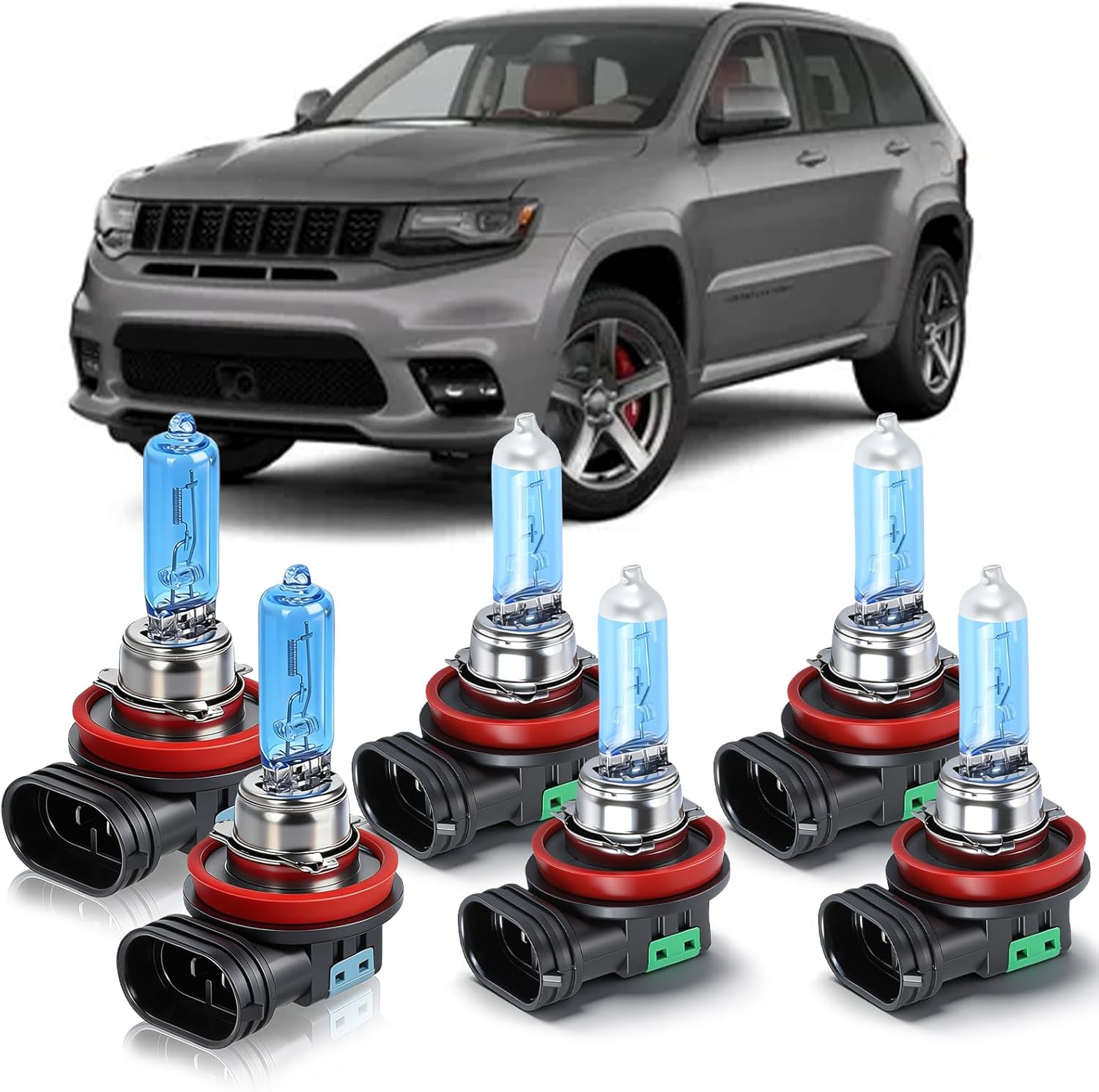 OQSNCV Fit for Jeep Grand Cherokee (2017 2018 2019 2020 2021 2022) Halogen Headlight Bulbs, H9 High Beam+ H11 Low Beam+ H11 Fog Light Headlamp Replacement Bulbs Kit 100W 4200K, Pack of 6