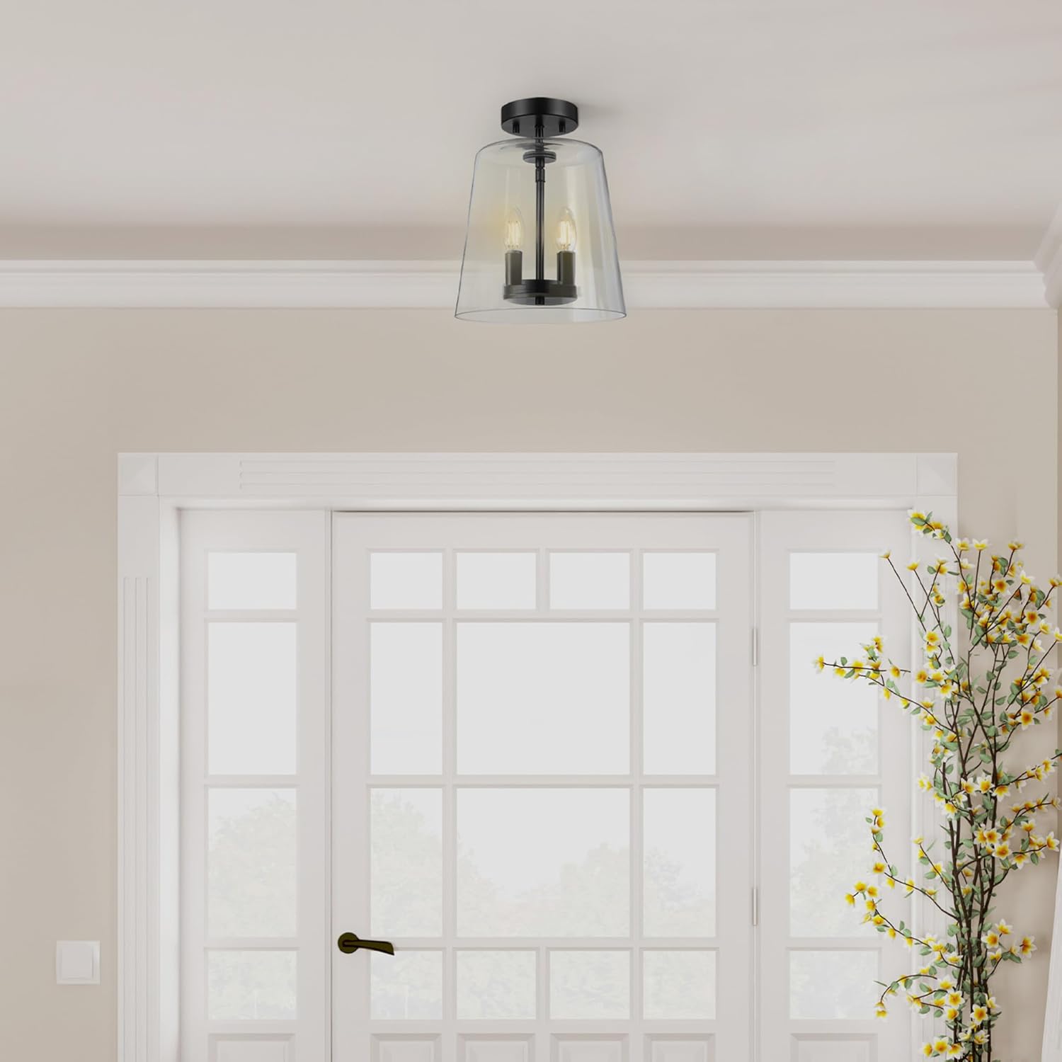Matte Black and Clear Glass Semi-Flush Mount Ceiling Light