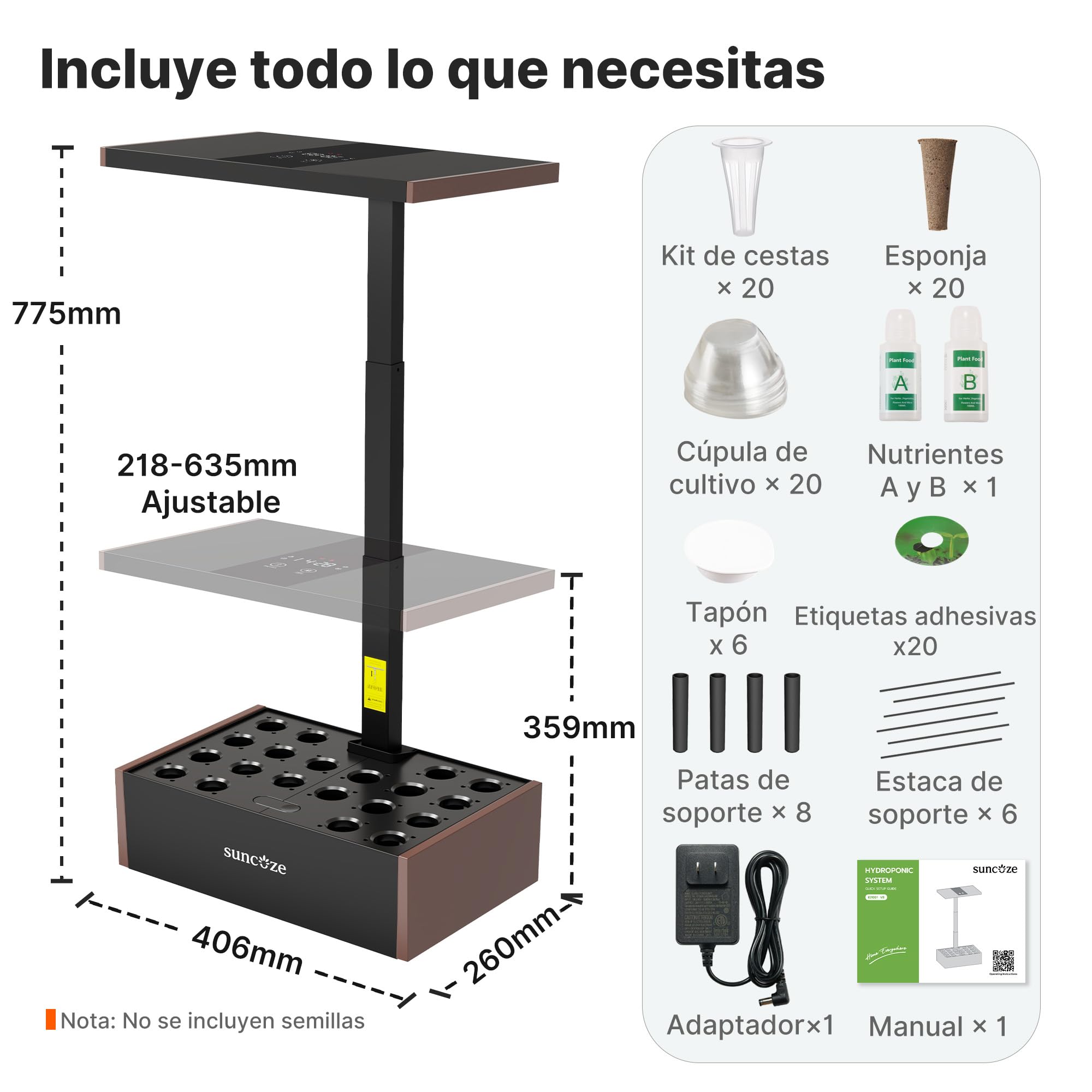 SUNCOZE Huerto Hidropónico con 20 Cestas, Negro | Depósito de 10L, Luz LED de 30W, Altura hasta 635 mm, Bomba Silenciosa con Temporizador, para Casa