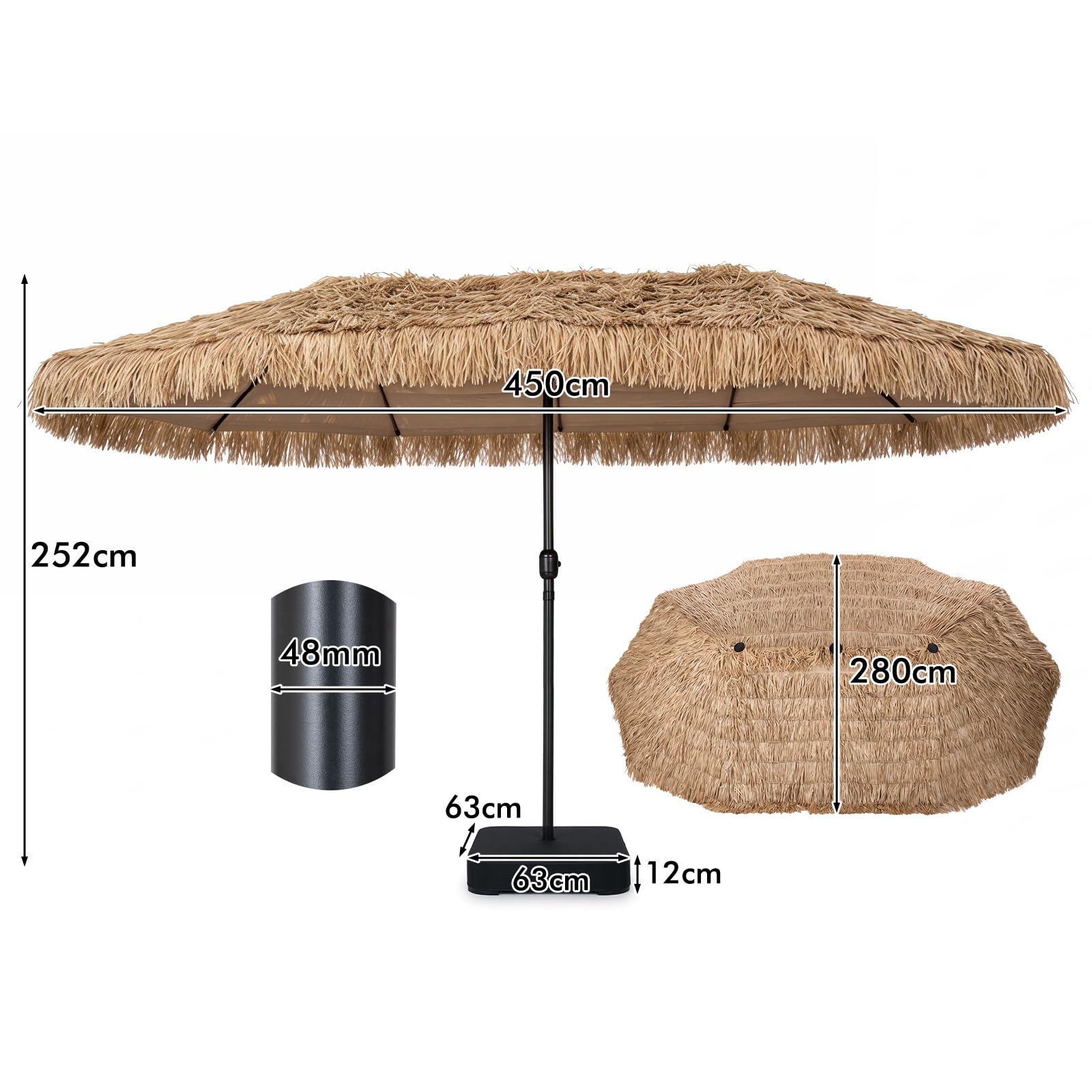 GOPLUS Sombrilla Doble Paja con Base para Terraza (Natural, 450x280 cm) | Parasol Hawaiana con 12 Varillas, Manivela, Pestillo de Seguridad Regulable, Sombrilla Exterior para Playa, Piscina