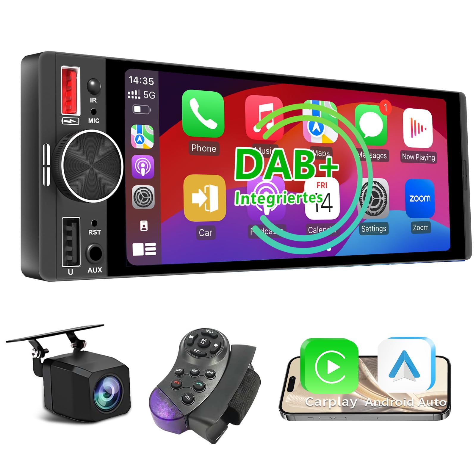6,36 Zoll 1 Din Autoradio mit Drahtlosem CarPlay & Android Auto, Bluetooth, Full-Touch-Display FM, DAB+, Rückfahrkamera und Mikrofonunterstützung