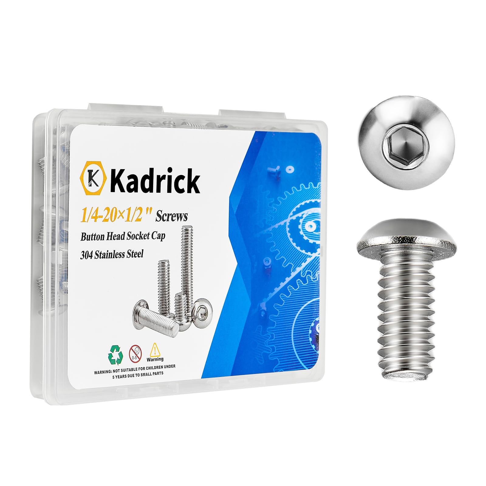 Kadrick 50Pcs 1/4-20 x 1/2" Hex Socket Button Head Machine Screws, 304 Stainless Steel 18-8, Bright Finish, Fully Machine Thread