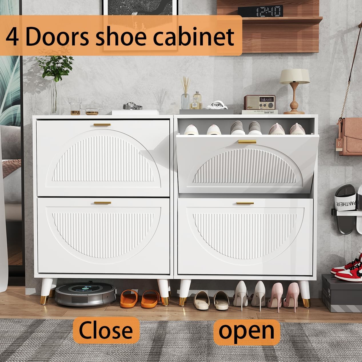 Narrow Shoe Cabinet Storage for Entryway: Cabinet Shoe Rack Organizer, White Shoes Cabinets with 4 Flip Drawers, Modern Shoes Storage Entryway for Front Door Entrance (2 Piece, 25")