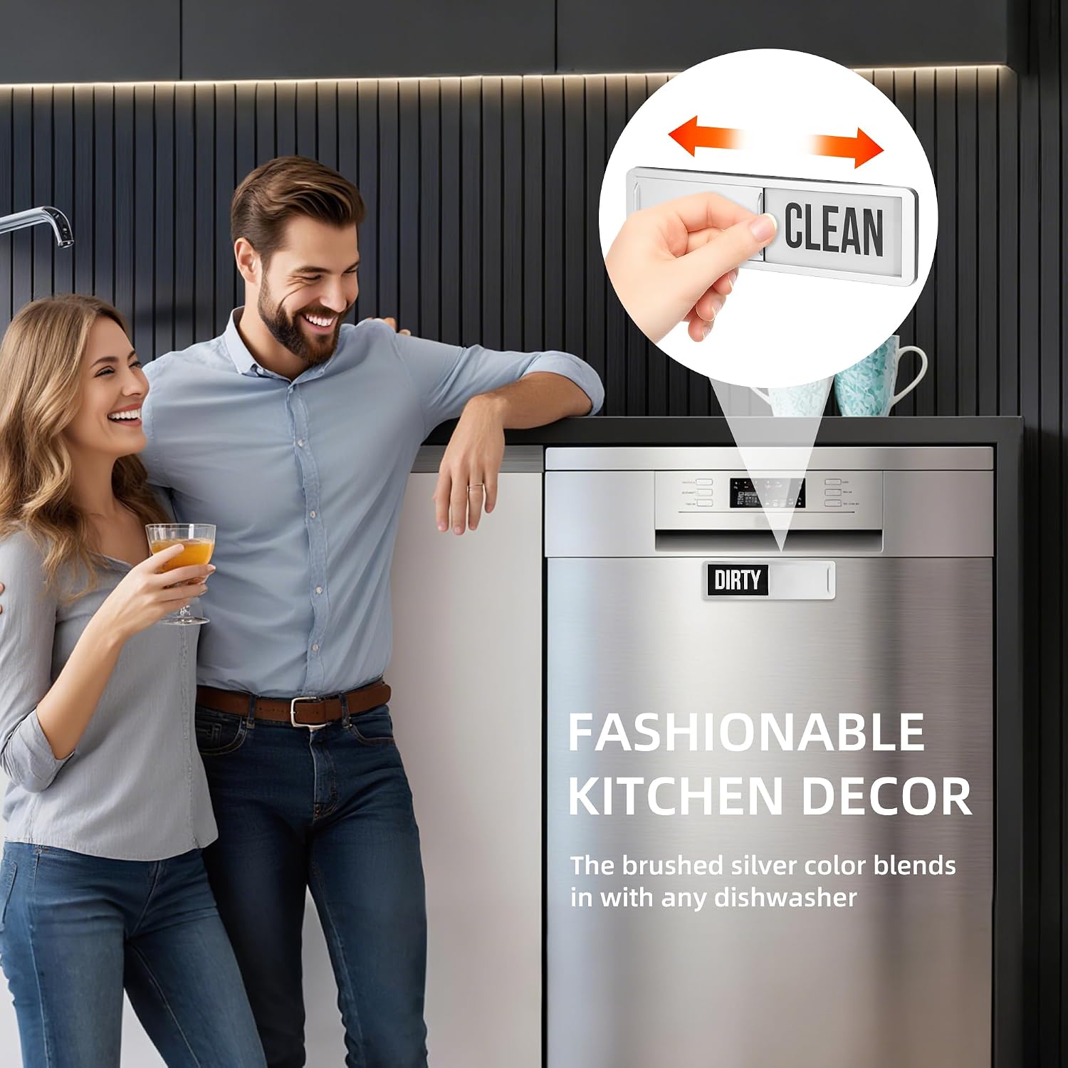 Dishwasher Magnet Clean Dirty Sign, Strong Magnet Clean Dirty for Kitchen Refrigerator, Easy to Read and Slide, Self-Adhesive Stickers for Non-Magnetic Dishwasher（Black White）