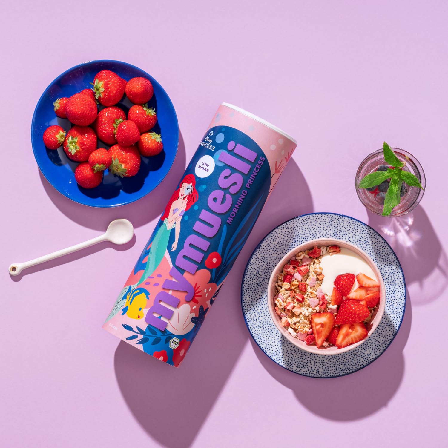 mymuesli Bio Disney Müsli Set (4 Sorten + 6er Geschenkbox) – Zuckerarmes Kinder Bundle mit Morning Princess, Erdbeerzauber, Schoko-Himbeer & Guten Morgen Löwe – Bio Frühstückscerealien, palmölfrei