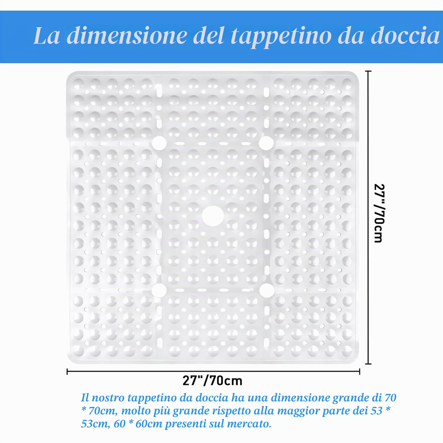 Tappetino da doccia antiscivolo, 70 x 70 cm, antiscivolo, senza BPA, con fori di scarico, ad asciugatura rapida, per vasca da bagno