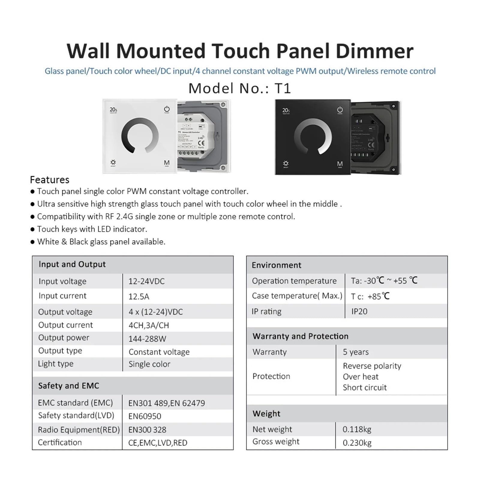 1PCS T1 LED Dimmer 12V 24V UE Pannello in vetro a parete Monocromatico LED Strip Touch Dimming 2.4G RF 4 Zone 8 Zone Remote RT1 RT6 RT8 (Color : RT8 8Zone Remote)