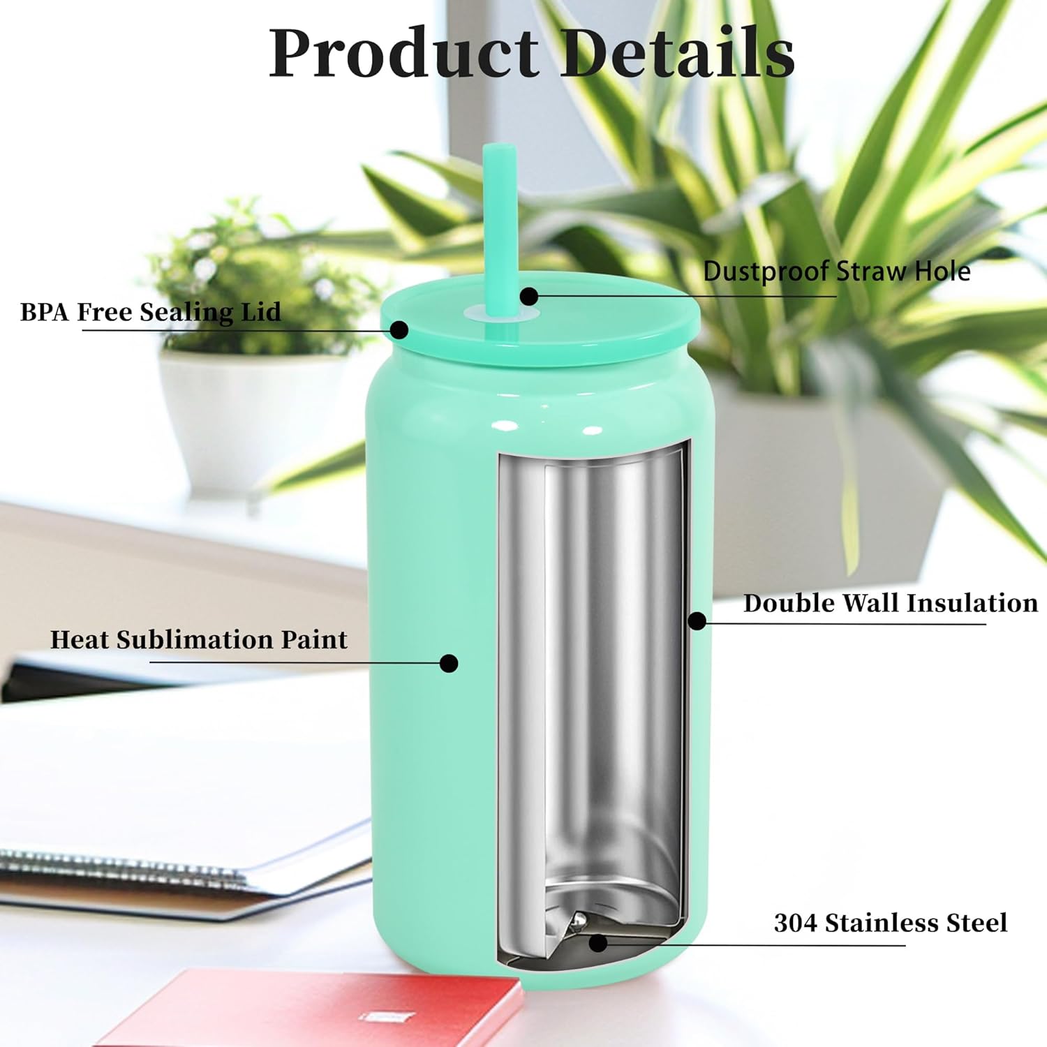 16oz Stainless Steel Tumbler, 2Pack Double Wall Insulated Mason Jar, Sublimation Beer Can with Lids and Straws, Iced Coffee Cups for Water Cola Coffee Soda Tea - Image 3